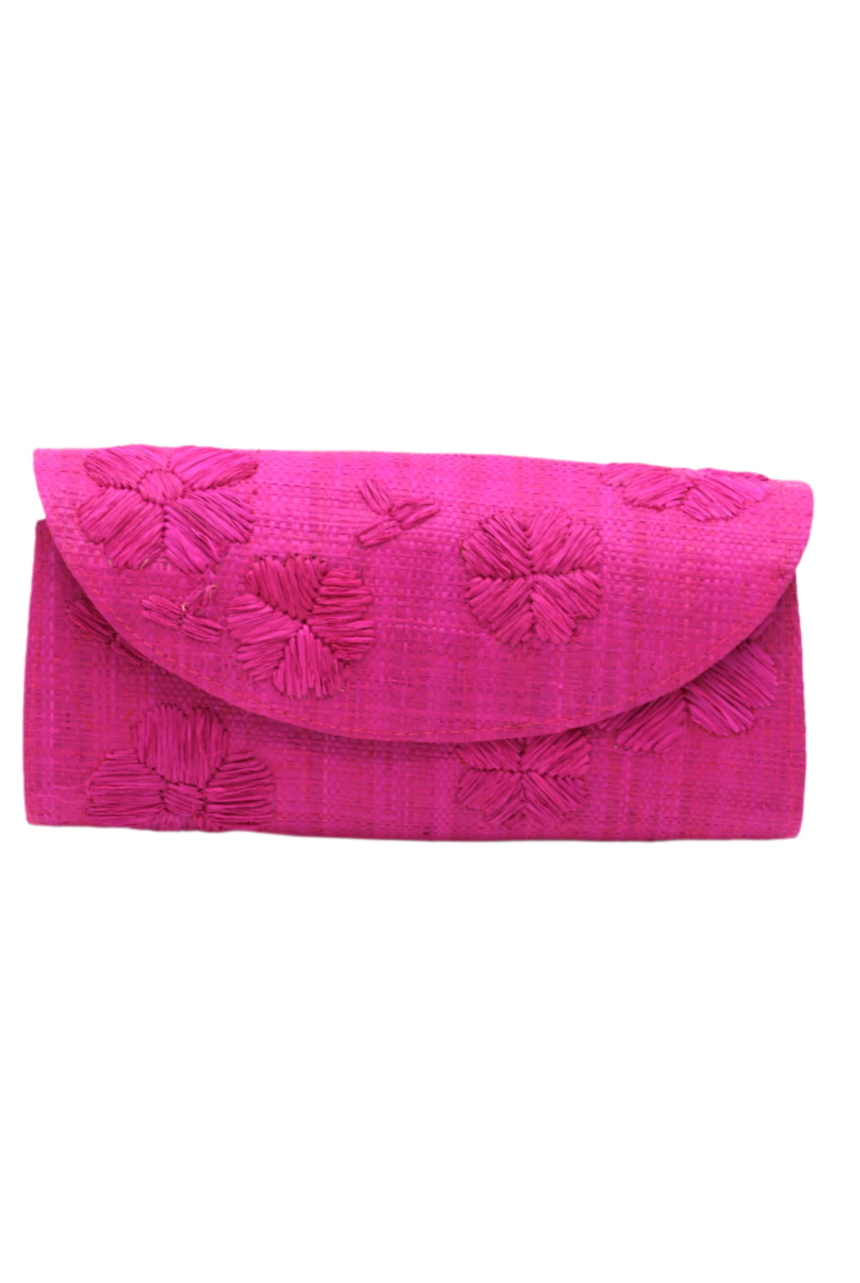 Tulum Clutch Fuchsia hot/bright/barbie/pink Flower Embroidery handmade loomed raffia palm fibers with envelope clutch shape, embroidered multi-sized embroidered flower pattern, and assorted interior wax cloth African Print liners plus zippered pocket - Shebobo