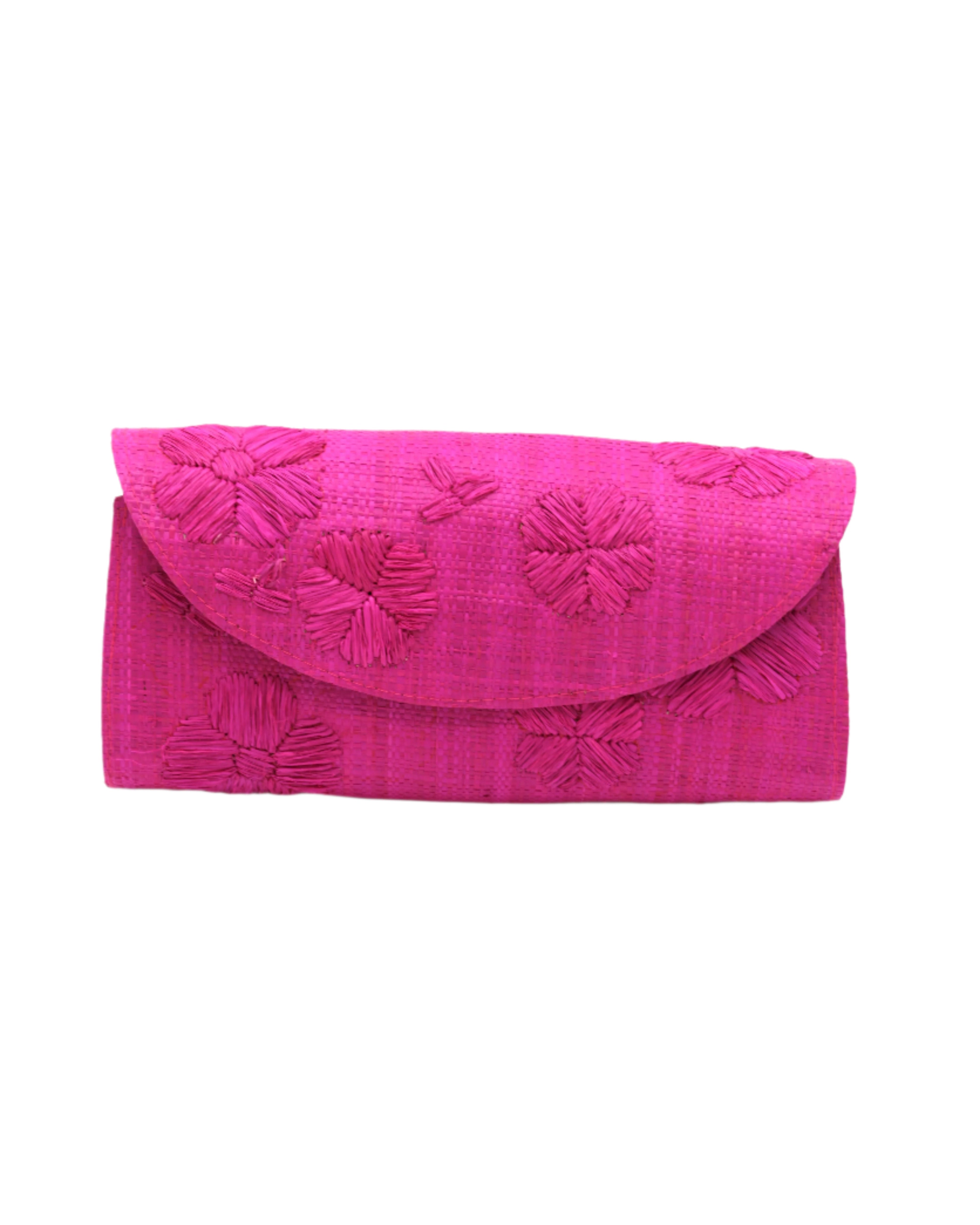 Tulum Clutch Fuchsia hot/bright/barbie/pink Flower Embroidery handmade loomed raffia palm fibers with envelope clutch shape, embroidered multi-sized embroidered flower pattern, and assorted interior wax cloth African Print liners plus zippered pocket - Shebobo