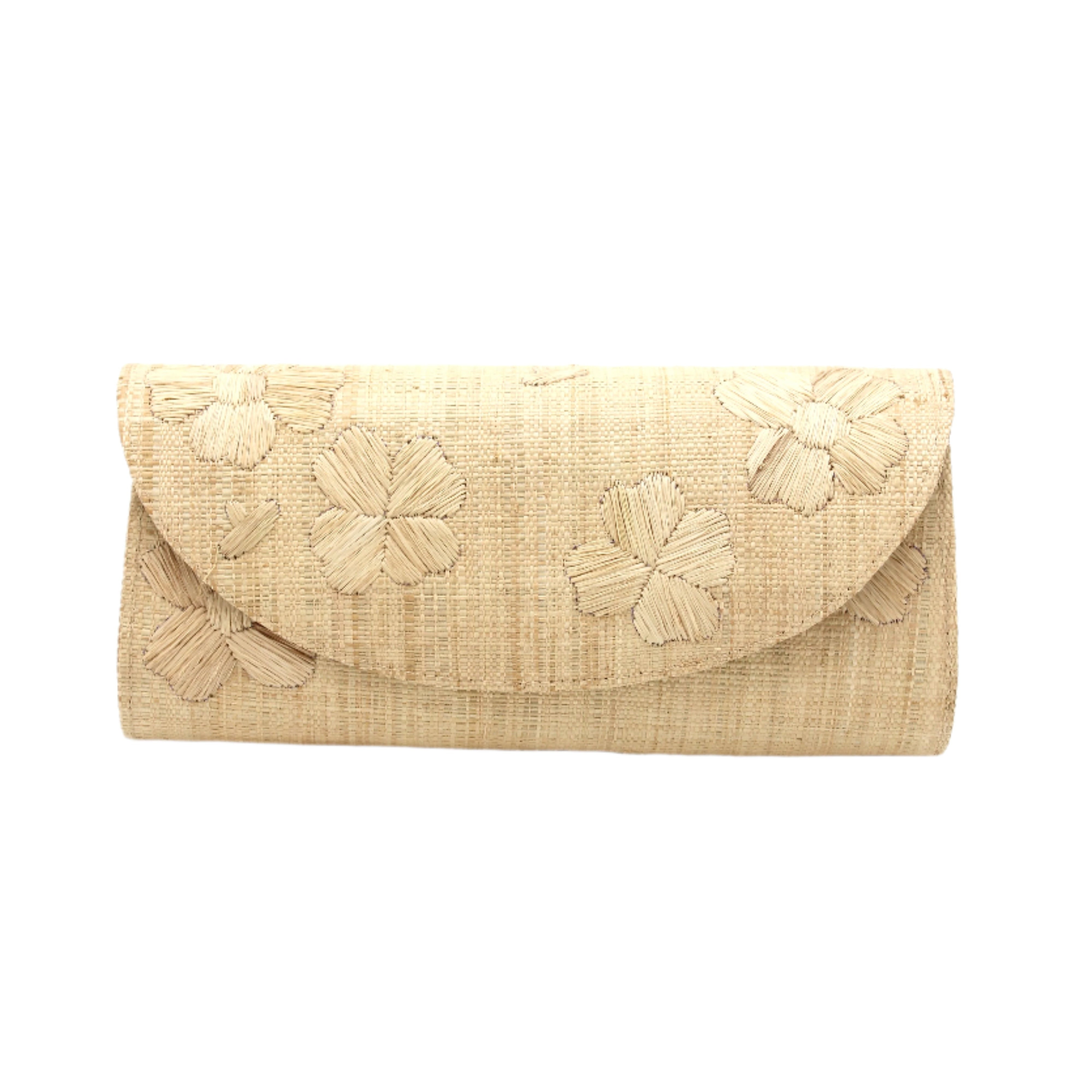 Tulum Clutch Natural Flower Embroidery handmade loomed raffia palm fibers with envelope clutch shape, embroidered multi-sized embroidered flower pattern, and assorted interior wax cloth African Print liners plus zippered pocket - Shebobo