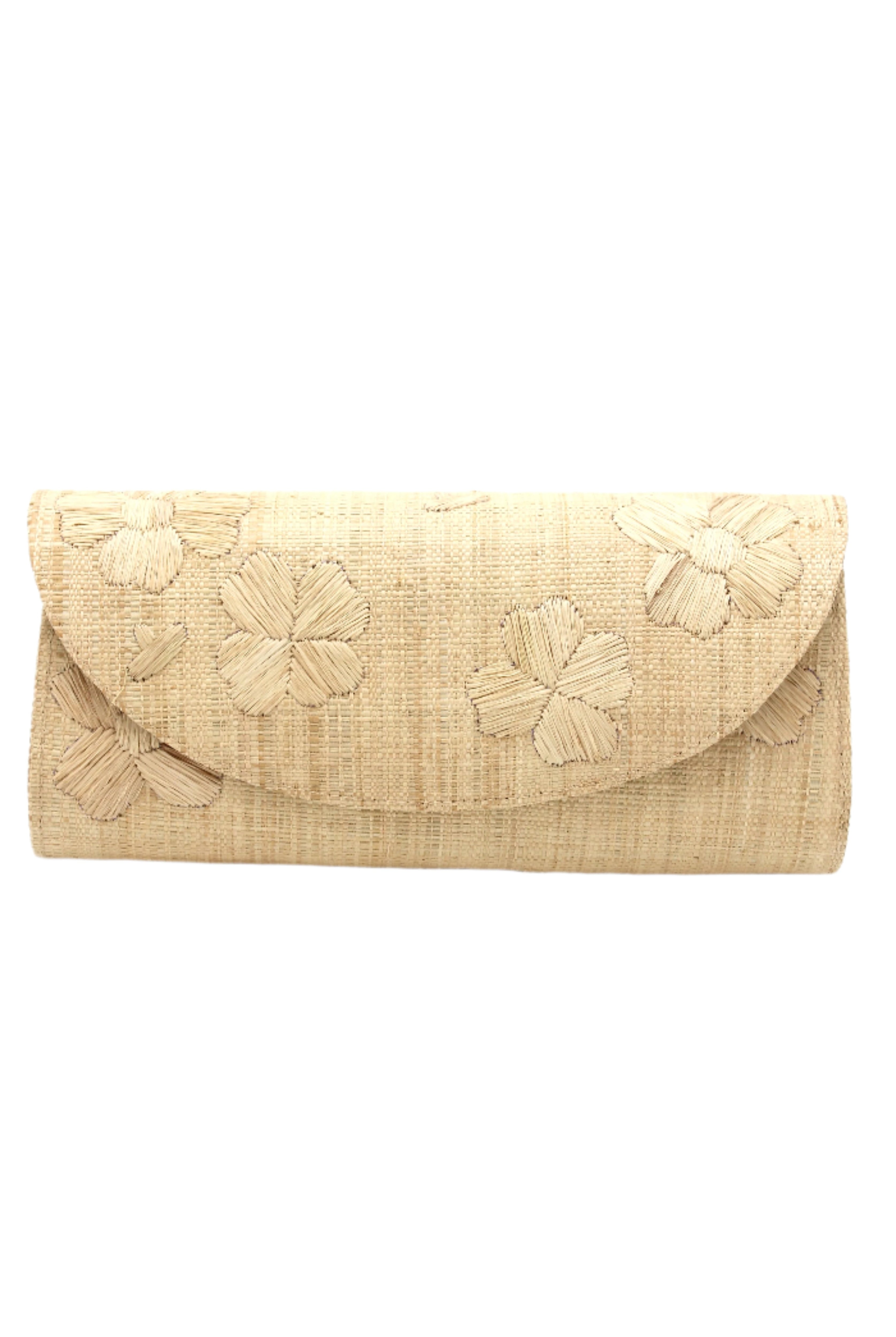 Tulum Clutch Natural Flower Embroidery handmade loomed raffia palm fibers with envelope clutch shape, embroidered multi-sized embroidered flower pattern, and assorted interior wax cloth African Print liners plus zippered pocket - Shebobo