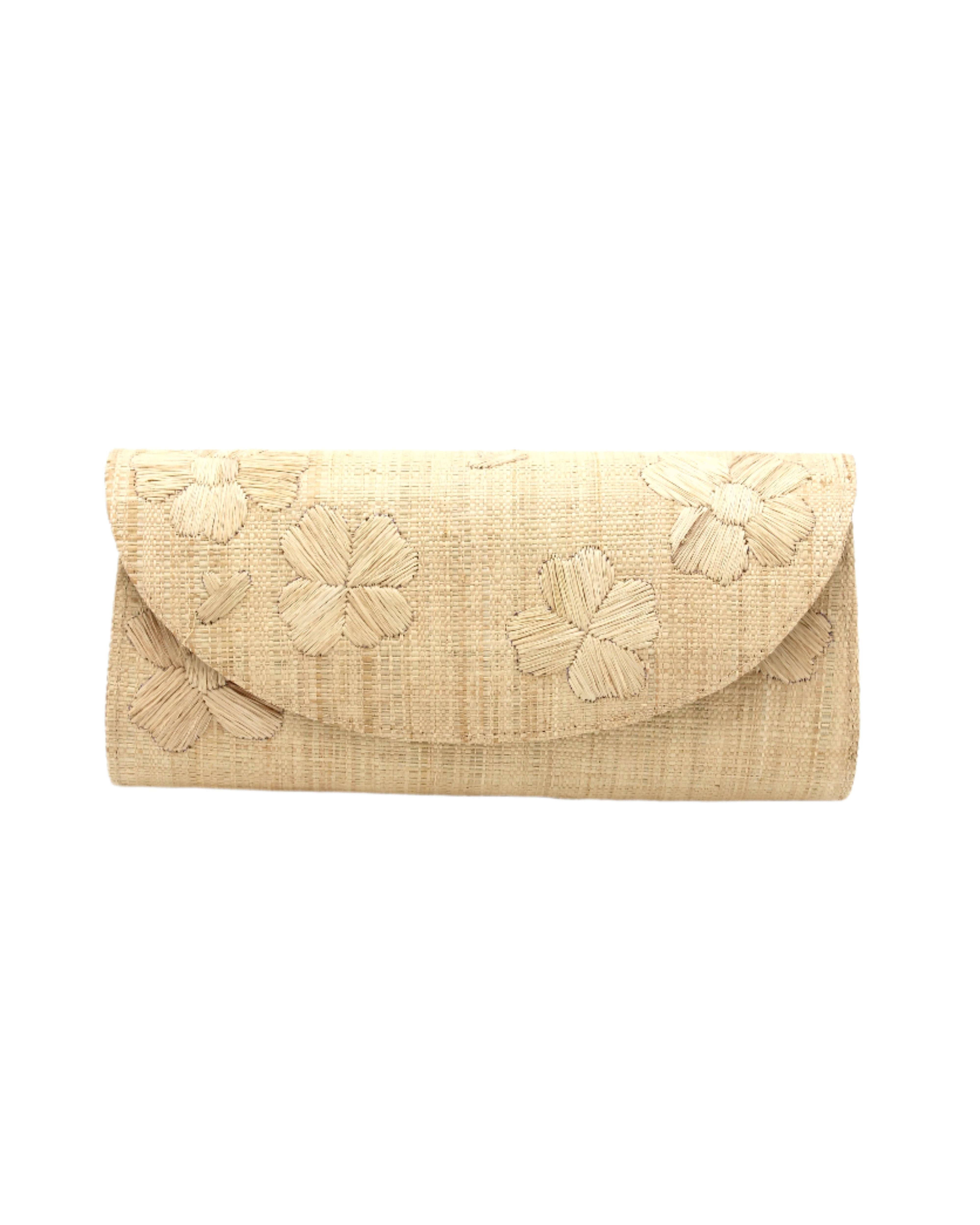 Tulum Clutch Natural Flower Embroidery handmade loomed raffia palm fibers with envelope clutch shape, embroidered multi-sized embroidered flower pattern, and assorted interior wax cloth African Print liners plus zippered pocket - Shebobo