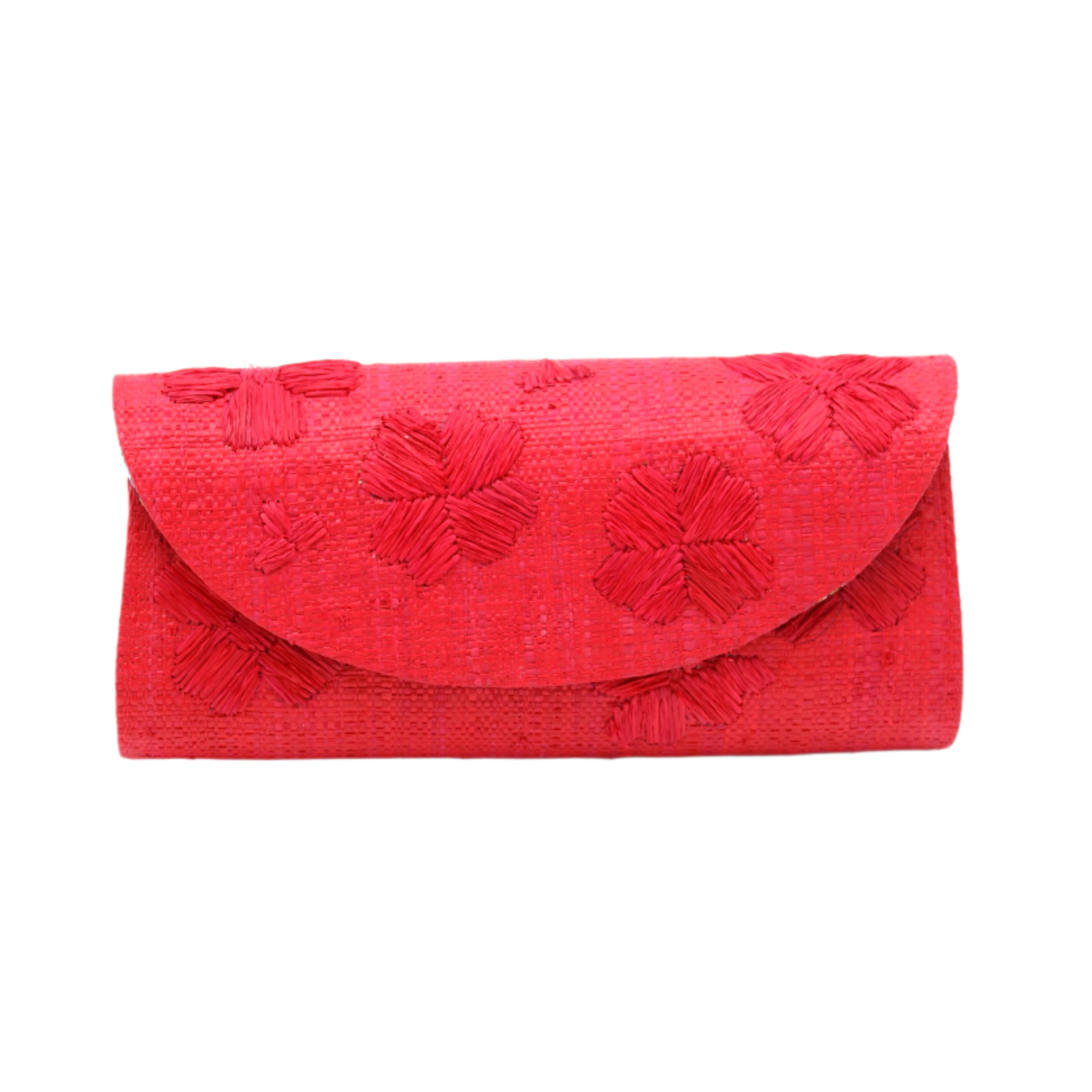 Tulum Clutch Red Flower Embroidery handmade loomed raffia palm fibers with envelope clutch shape, embroidered multi-sized embroidered flower pattern, and assorted interior wax cloth African Print liners plus zippered pocket - Shebobo