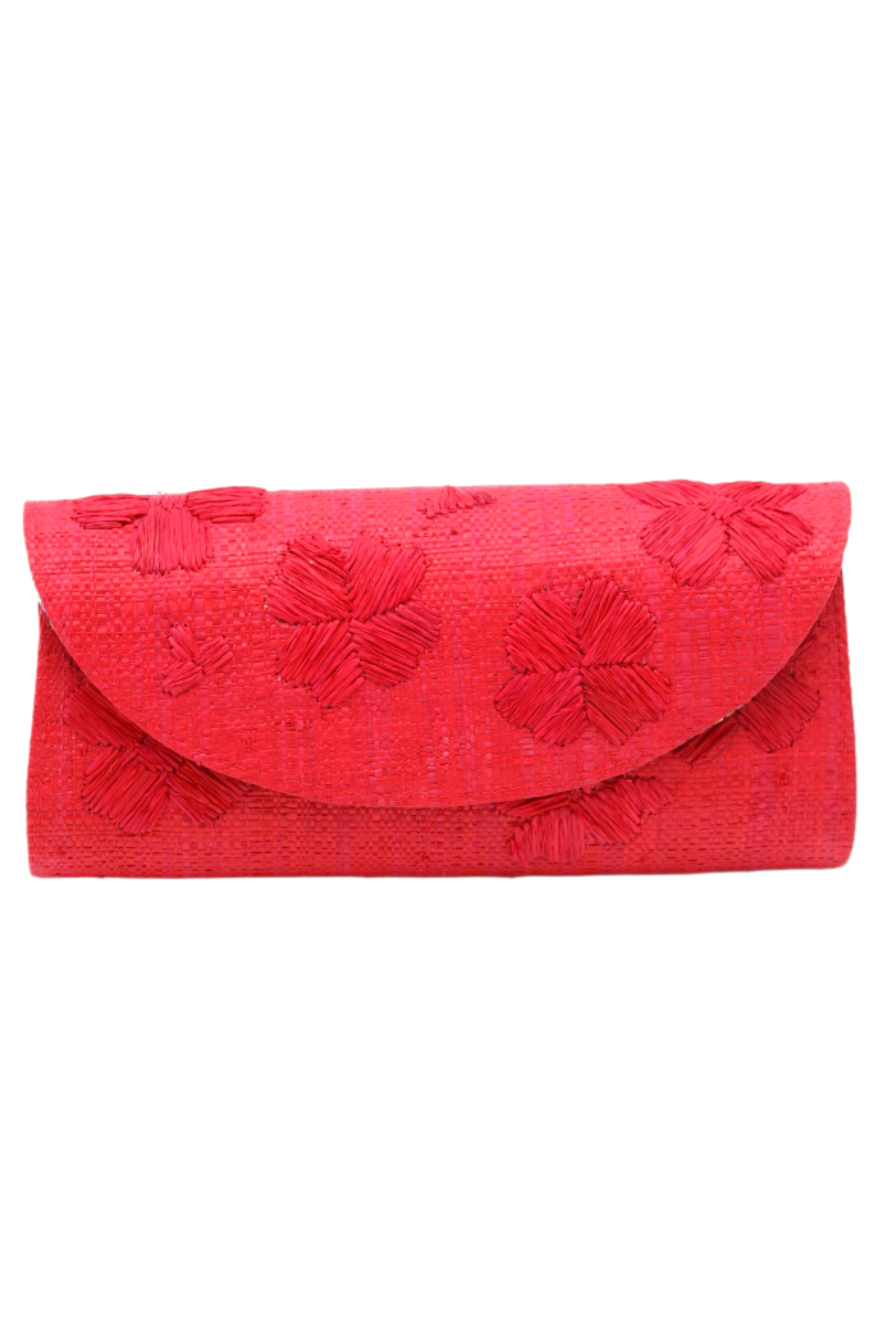 Tulum Clutch Red Flower Embroidery handmade loomed raffia palm fibers with envelope clutch shape, embroidered multi-sized embroidered flower pattern, and assorted interior wax cloth African Print liners plus zippered pocket - Shebobo
