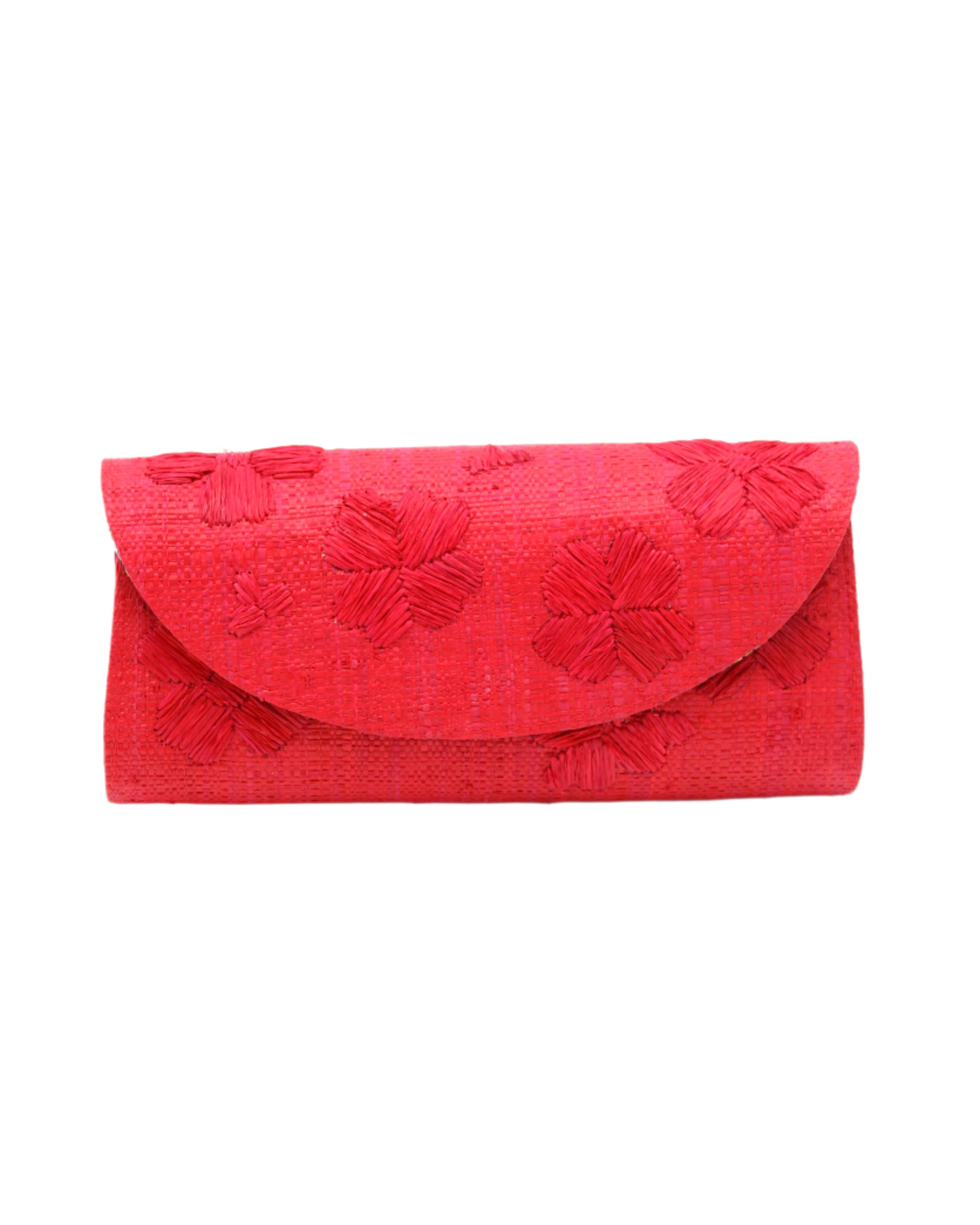 Tulum Clutch Red Flower Embroidery handmade loomed raffia palm fibers with envelope clutch shape, embroidered multi-sized embroidered flower pattern, and assorted interior wax cloth African Print liners plus zippered pocket - Shebobo