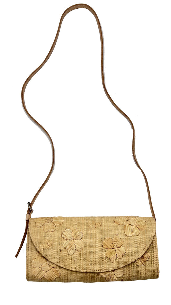 Tulum Flower Straw Crossbody Bag with Flower Embroidery handmade natural loomed raffia purse with natural straw colored floral embroidered pattern and adjustable leather shoulder strap - Shebobo