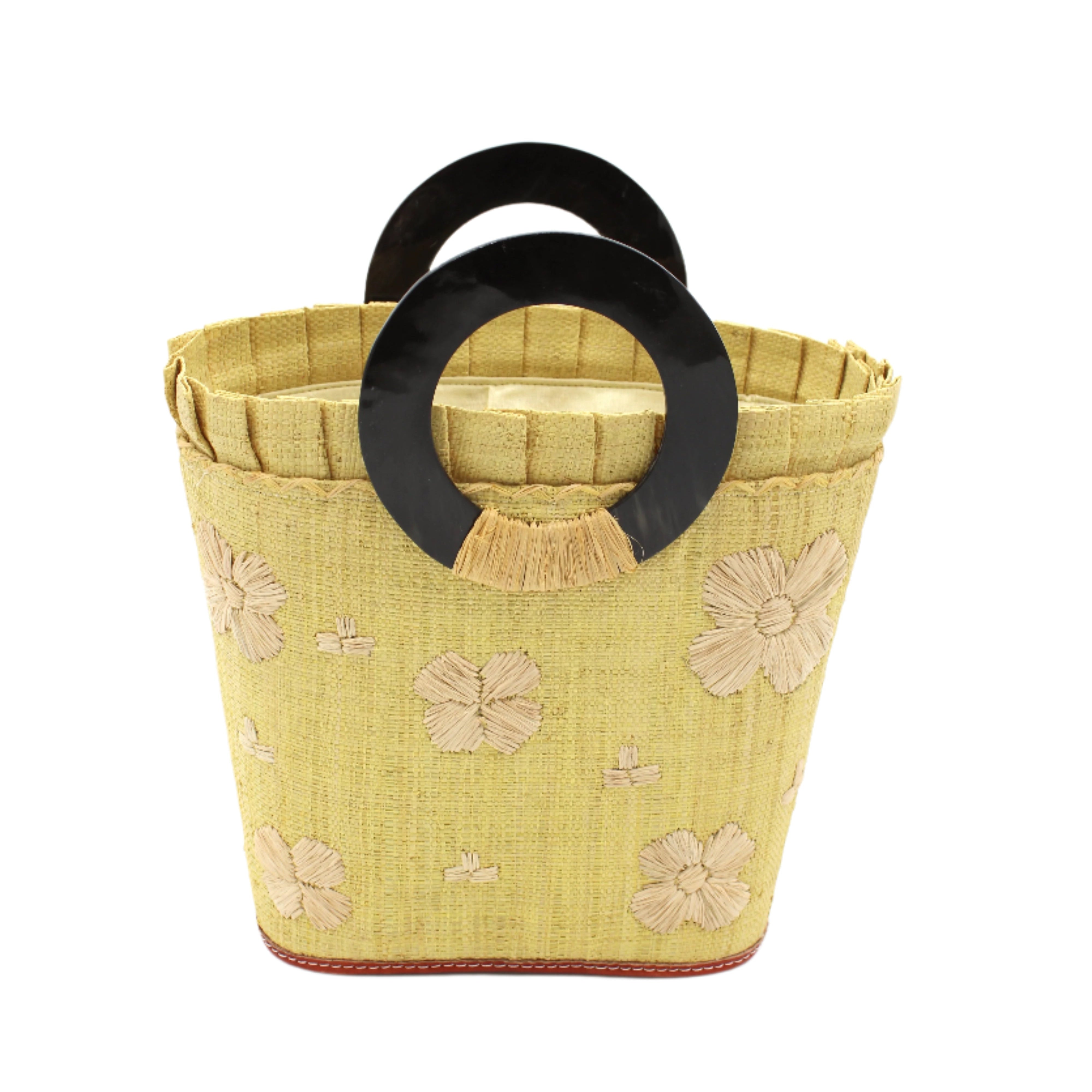 Tulum Straw Bucket Bag with Flower Embroidery and Horn Handle Butter Purse with Ruffle Edge handmade loomed raffia palm fiber in a solid hue of butter light/yellow with natural straw color hand embroidered floral pattern with multiple sized flowers and raffia ruffle on the opening handbag - Shebobo