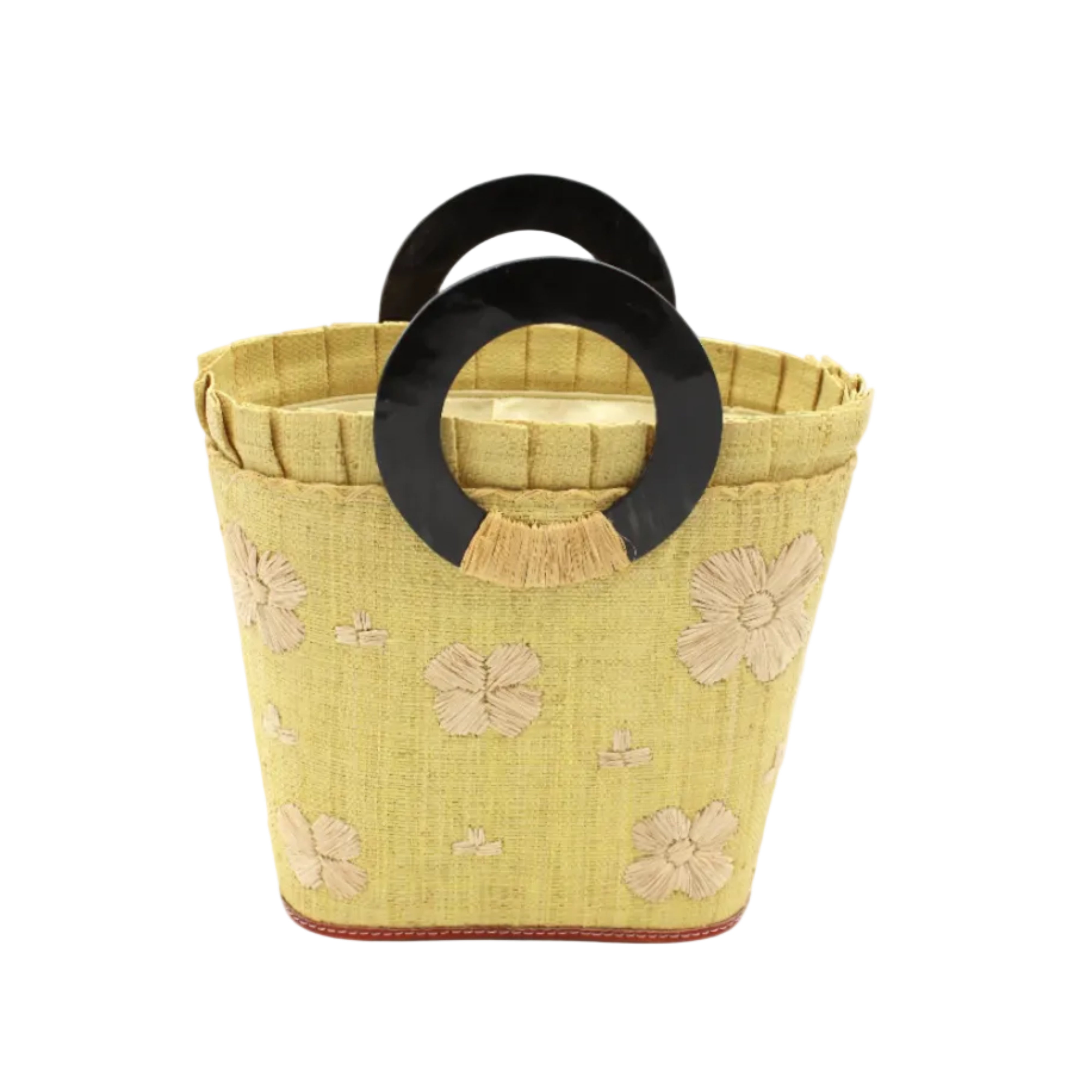 Tulum Straw Bucket Bag with Flower Embroidery and Horn Handle Butter Purse with Ruffle Edge handmade loomed raffia palm fiber in a solid hue of butter light/yellow with natural straw color hand embroidered floral pattern with multiple sized flowers and raffia ruffle on the opening handbag - Shebobo