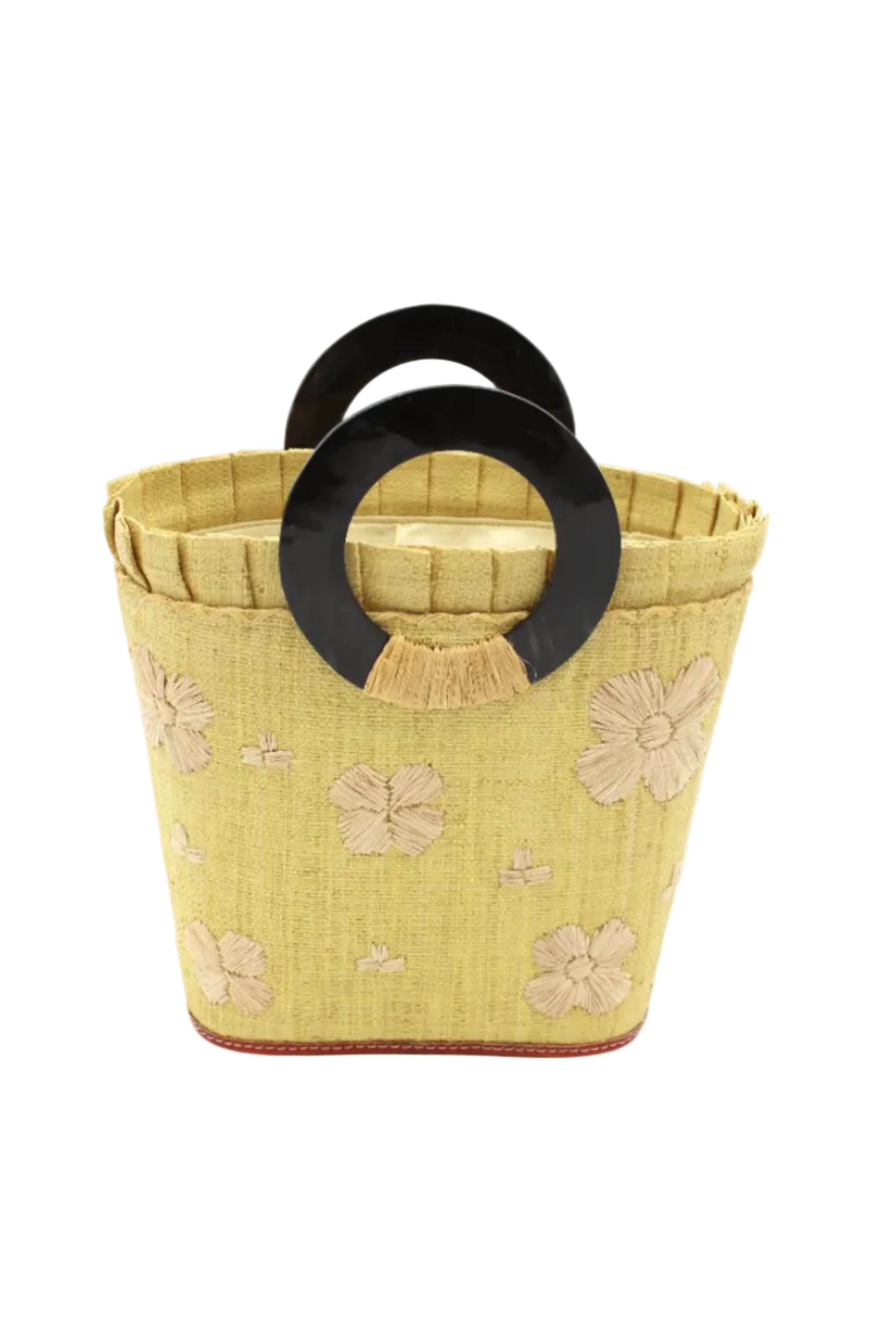 Tulum Straw Bucket Bag with Flower Embroidery and Horn Handle Butter Purse with Ruffle Edge handmade loomed raffia palm fiber in a solid hue of butter light/yellow with natural straw color hand embroidered floral pattern with multiple sized flowers and raffia ruffle on the opening handbag - Shebobo