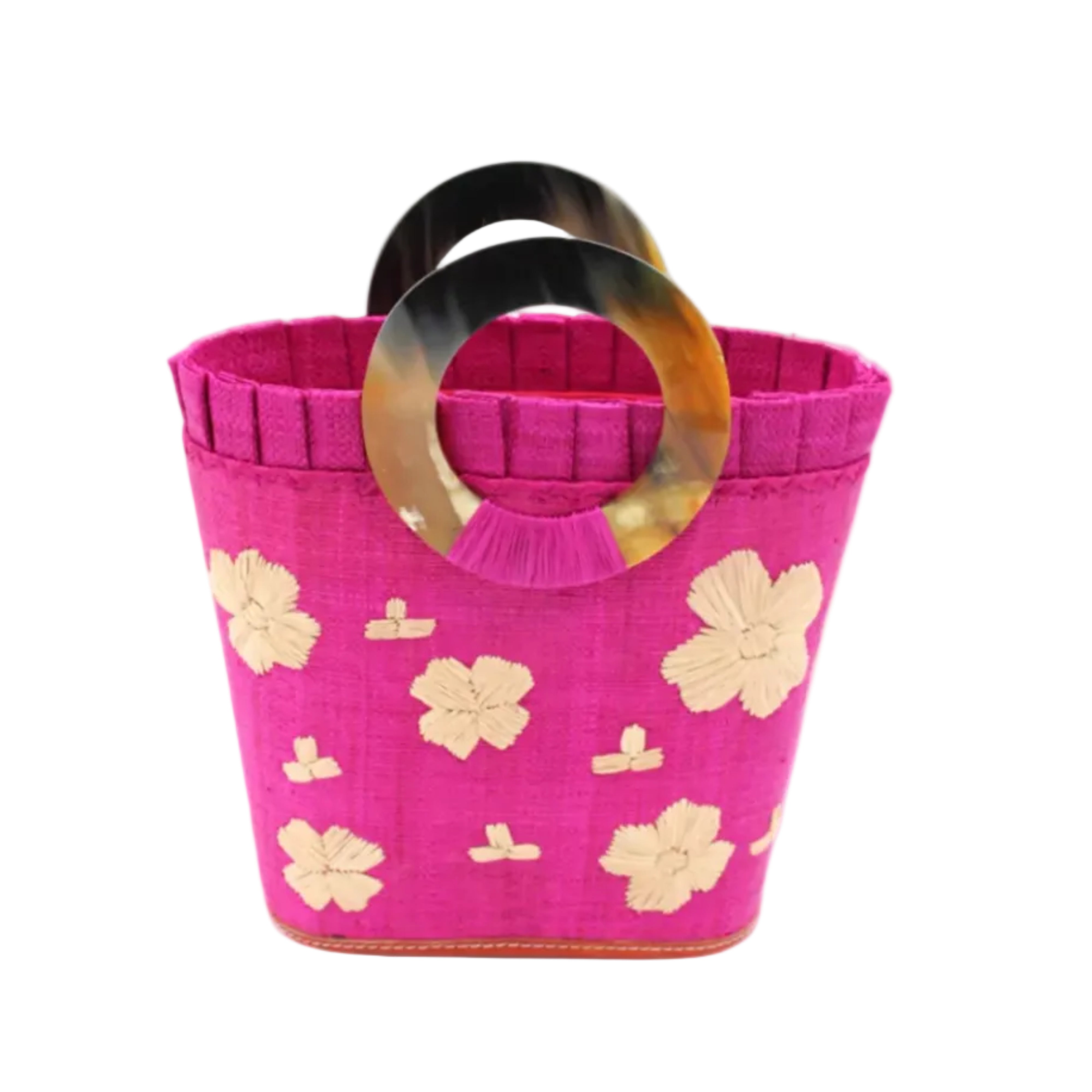 Tulum Straw Bucket Bag with Flower Embroidery and Horn Handle Fuchsia Purse with Ruffle Edge handmade loomed raffia palm fiber in a solid hue of fuchsia hot/bright/barbie/pink with natural straw color hand embroidered floral pattern with multiple sized flowers and raffia ruffle on the opening handbag - Shebobo