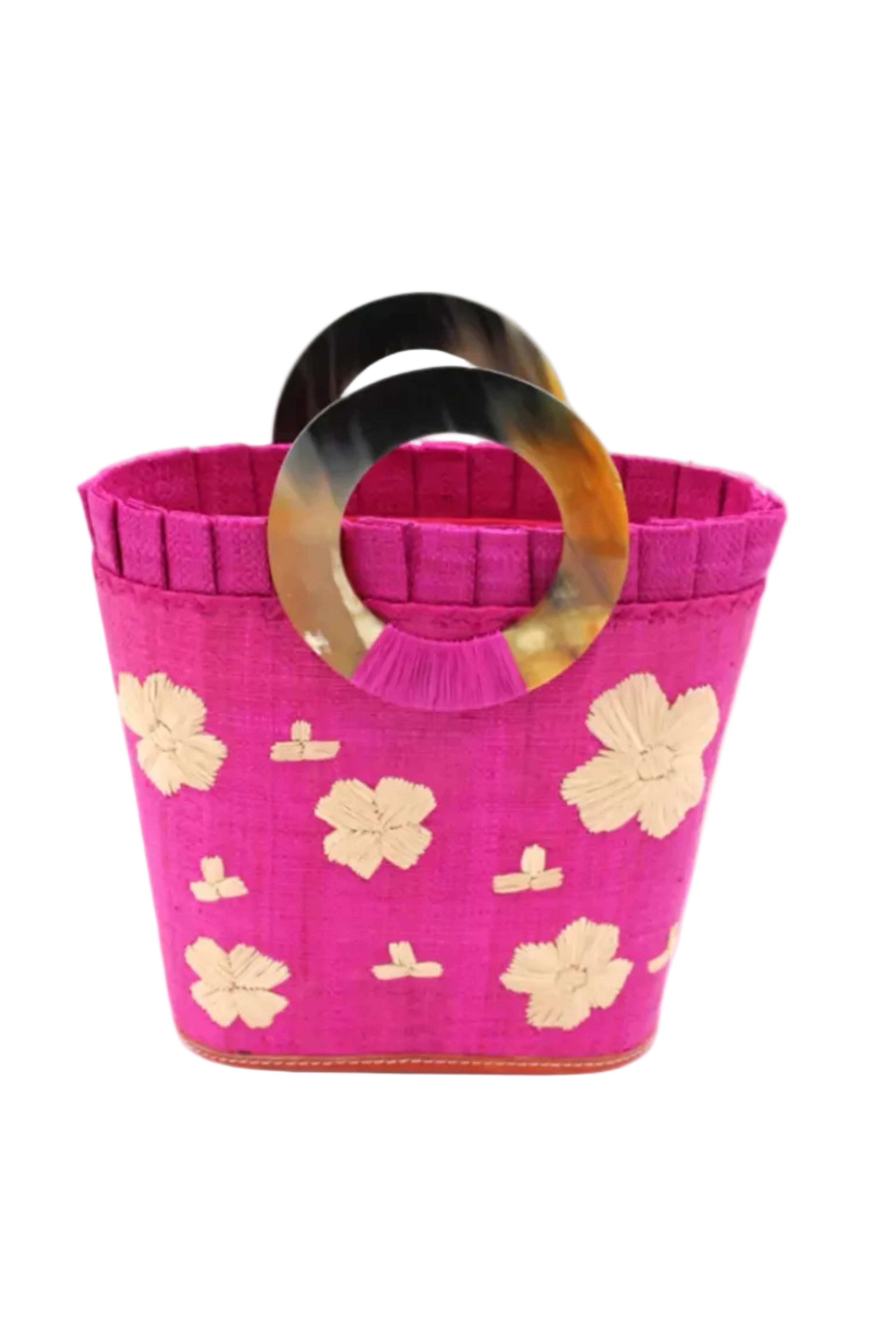 Tulum Straw Bucket Bag with Flower Embroidery and Horn Handle Fuchsia Purse with Ruffle Edge handmade loomed raffia palm fiber in a solid hue of fuchsia hot/bright/barbie/pink with natural straw color hand embroidered floral pattern with multiple sized flowers and raffia ruffle on the opening handbag - Shebobo