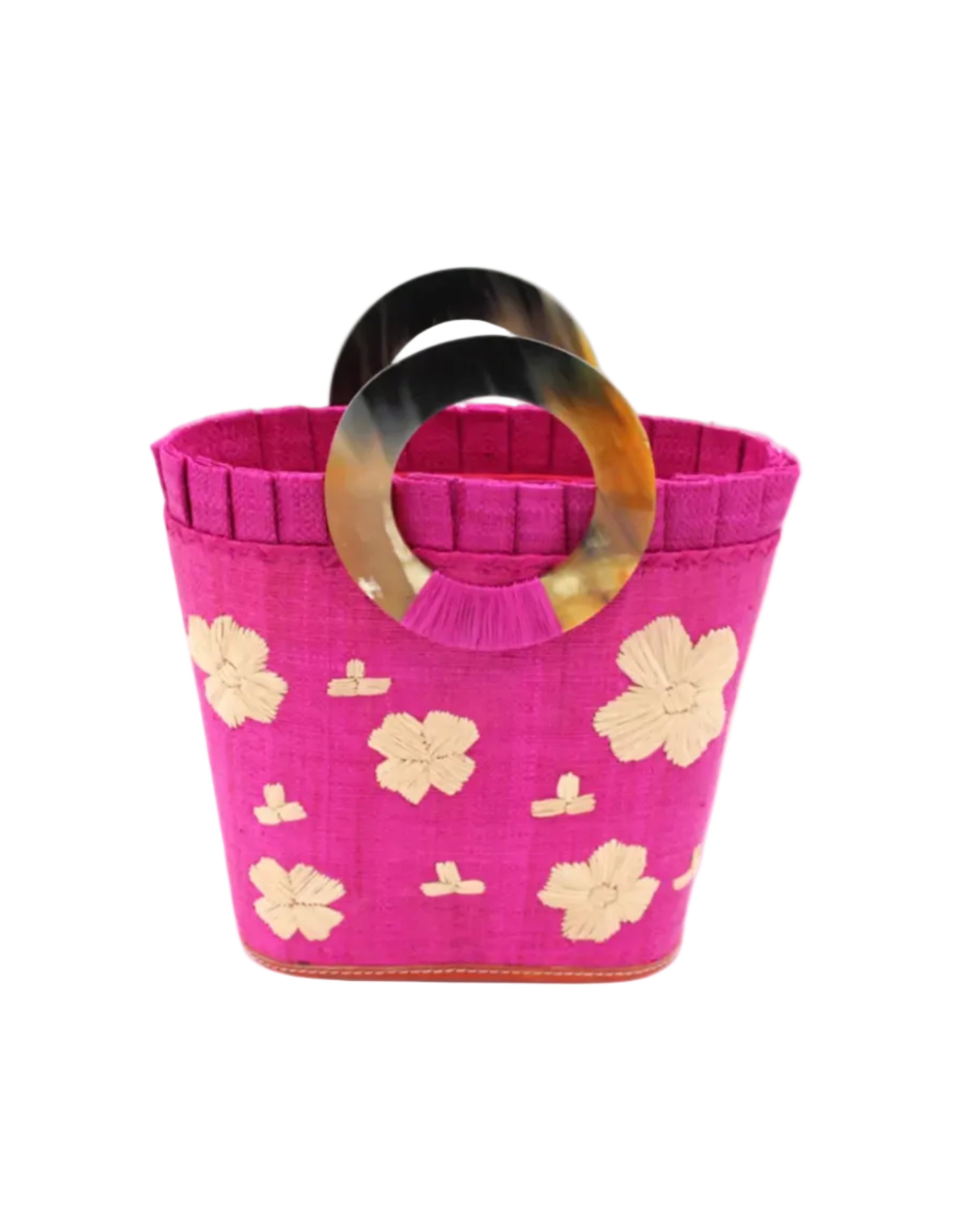 Tulum Straw Bucket Bag with Flower Embroidery and Horn Handle Fuchsia Purse with Ruffle Edge handmade loomed raffia palm fiber in a solid hue of fuchsia hot/bright/barbie/pink with natural straw color hand embroidered floral pattern with multiple sized flowers and raffia ruffle on the opening handbag - Shebobo
