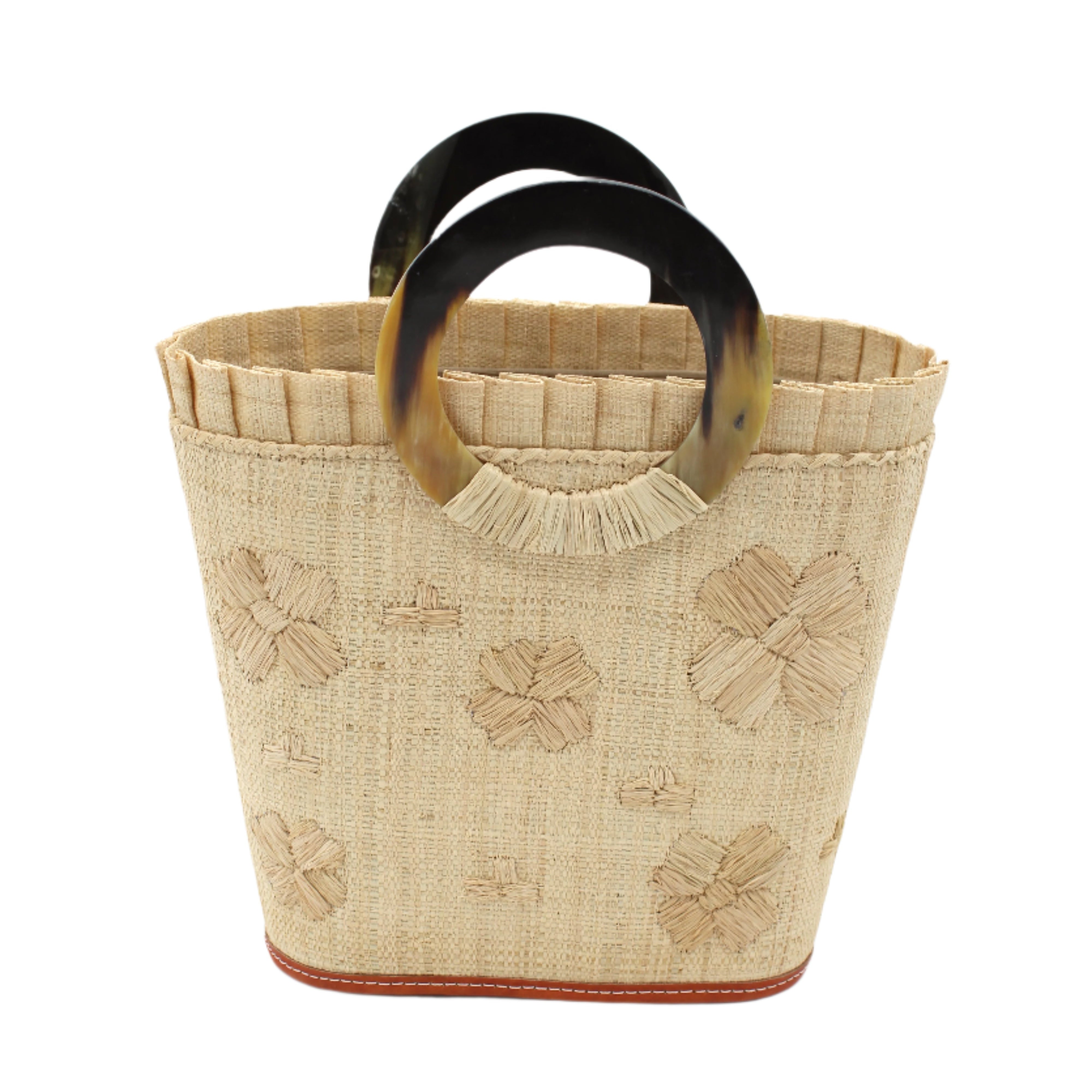 Tulum Straw Bucket Bag with Flower Embroidery and Horn Handle Natural Purse with Ruffle Edge handmade loomed raffia palm fiber in a solid hue of natural straw color with matching subtle hand embroidered floral pattern with multiple sized flowers and raffia ruffle on the opening handbag - Shebobo