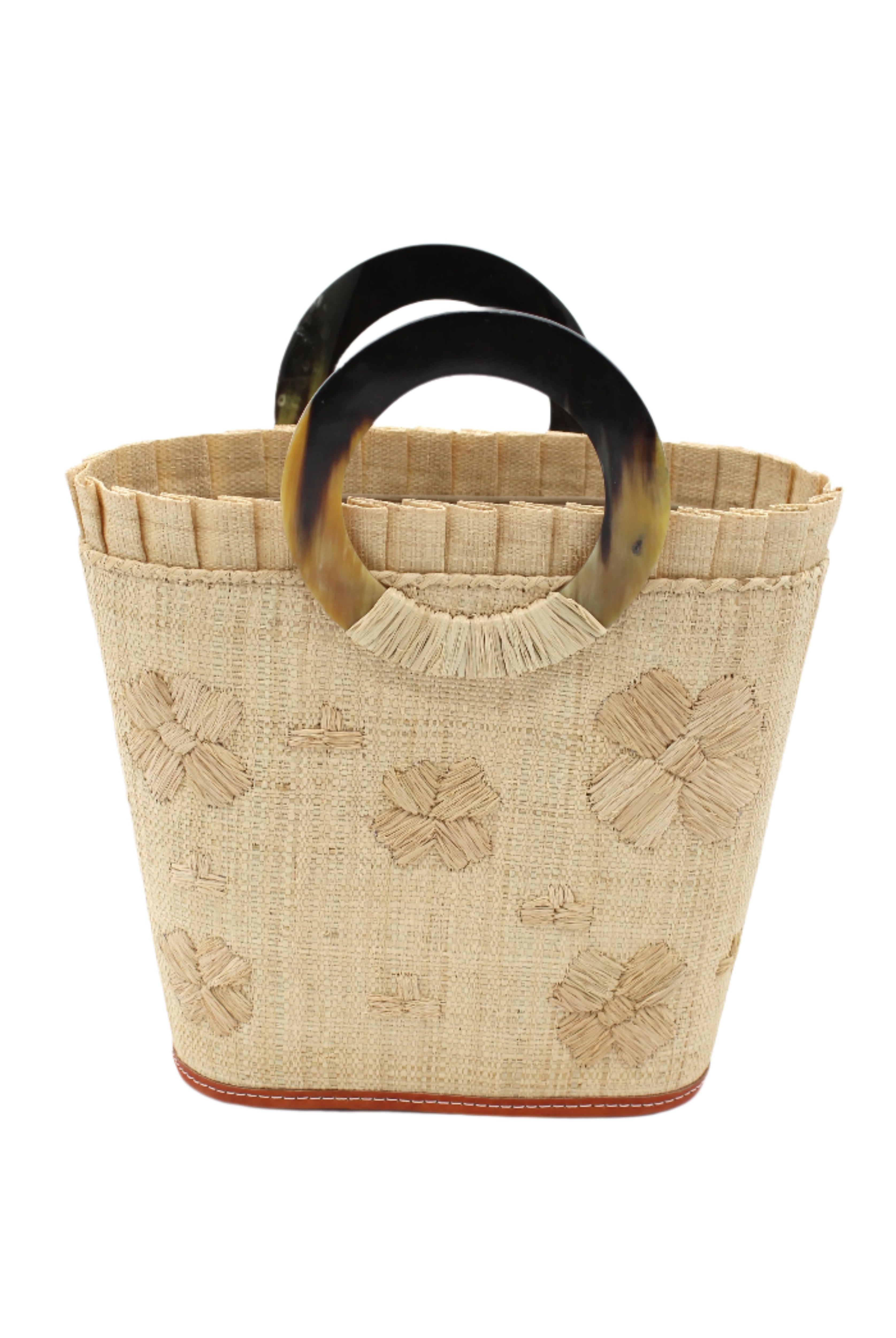 Tulum Straw Bucket Bag with Flower Embroidery and Horn Handle Natural Purse with Ruffle Edge handmade loomed raffia palm fiber in a solid hue of natural straw color with matching subtle hand embroidered floral pattern with multiple sized flowers and raffia ruffle on the opening handbag - Shebobo