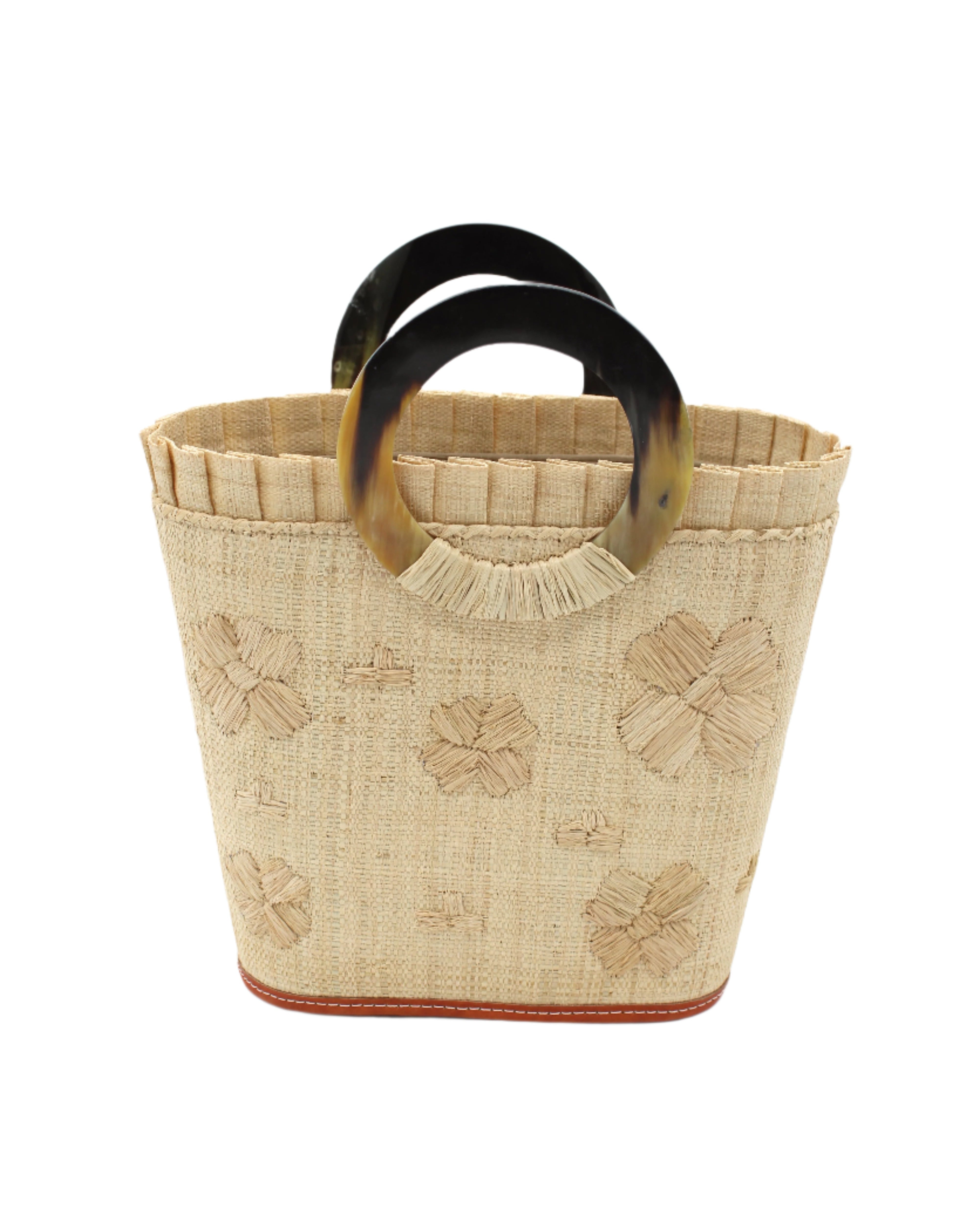 Tulum Straw Bucket Bag with Flower Embroidery and Horn Handle Natural Purse with Ruffle Edge handmade loomed raffia palm fiber in a solid hue of natural straw color with matching subtle hand embroidered floral pattern with multiple sized flowers and raffia ruffle on the opening handbag - Shebobo