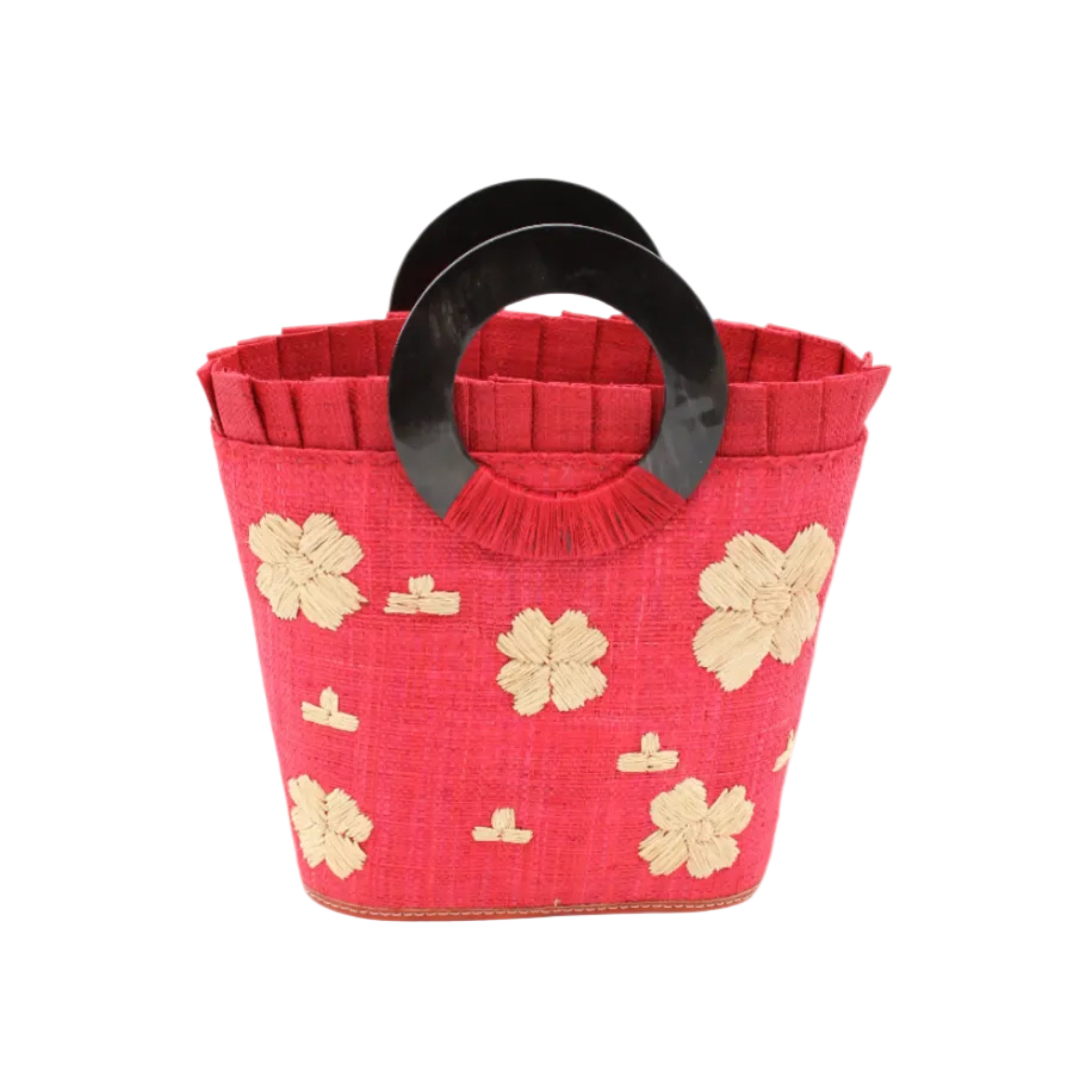 Tulum Straw Bucket Bag with Flower Embroidery and Horn Handle Red Purse with Ruffle Edge handmade loomed raffia palm fiber in a solid hue of red with natural straw color hand embroidered floral pattern with multiple sized flowers and raffia ruffle on the opening handbag - Shebobo