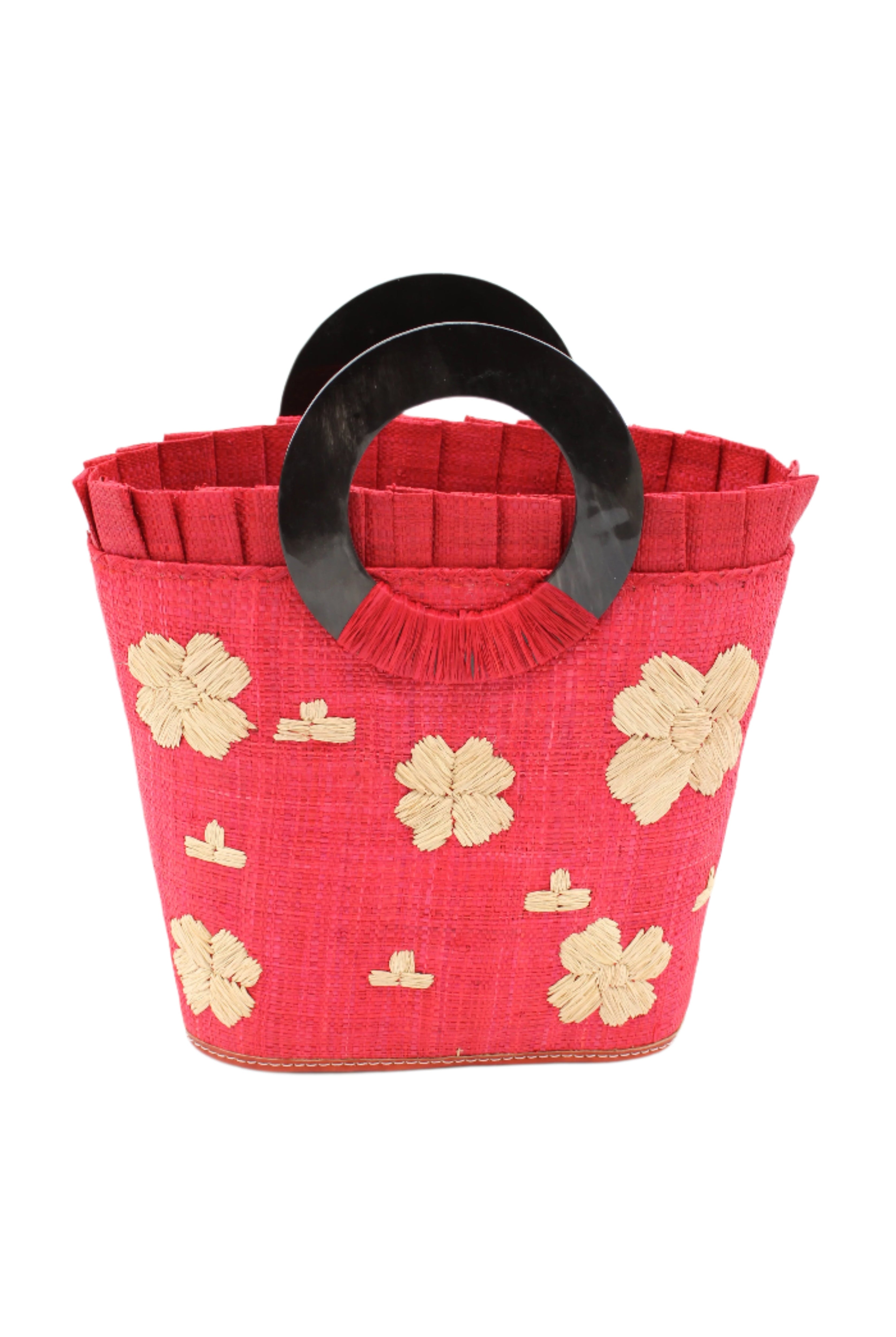 Tulum Straw Bucket Bag with Flower Embroidery and Horn Handle Red Purse with Ruffle Edge handmade loomed raffia palm fiber in a solid hue of red with natural straw color hand embroidered floral pattern with multiple sized flowers and raffia ruffle on the opening handbag - Shebobo