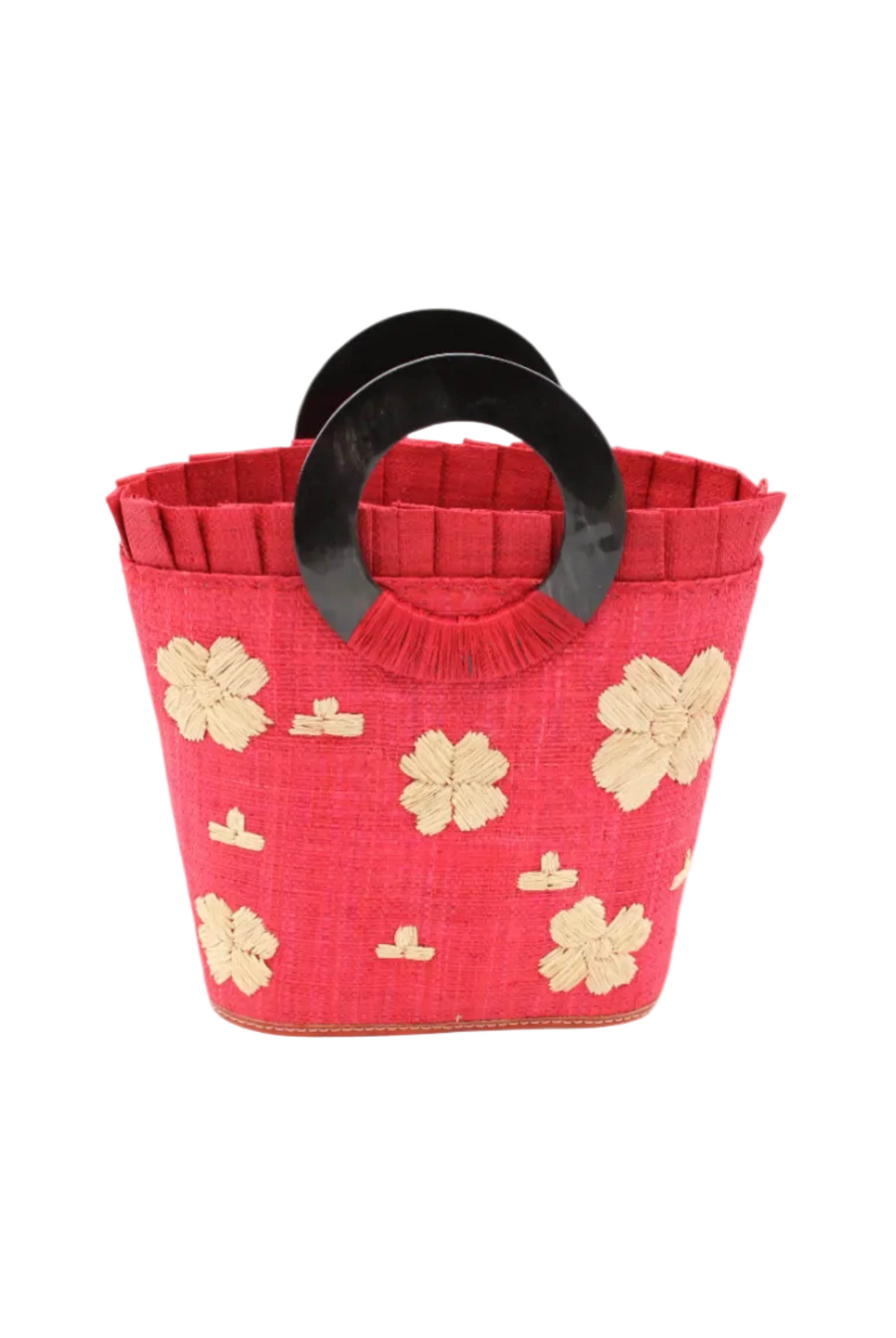 Tulum Straw Bucket Bag with Flower Embroidery and Horn Handle Red Purse with Ruffle Edge handmade loomed raffia palm fiber in a solid hue of red with natural straw color hand embroidered floral pattern with multiple sized flowers and raffia ruffle on the opening handbag - Shebobo