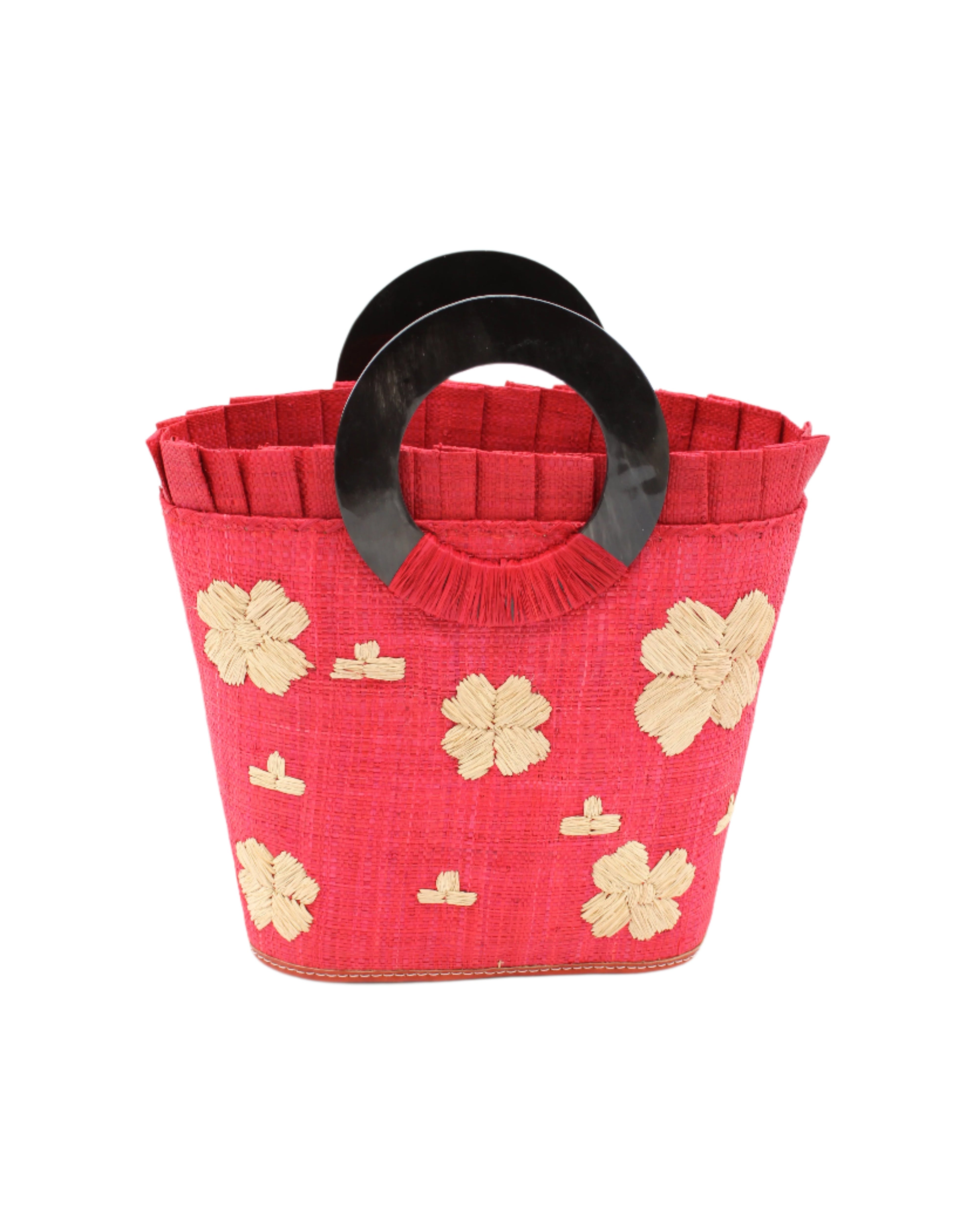 Tulum Straw Bucket Bag with Flower Embroidery and Horn Handle Red Purse with Ruffle Edge handmade loomed raffia palm fiber in a solid hue of red with natural straw color hand embroidered floral pattern with multiple sized flowers and raffia ruffle on the opening handbag - Shebobo
