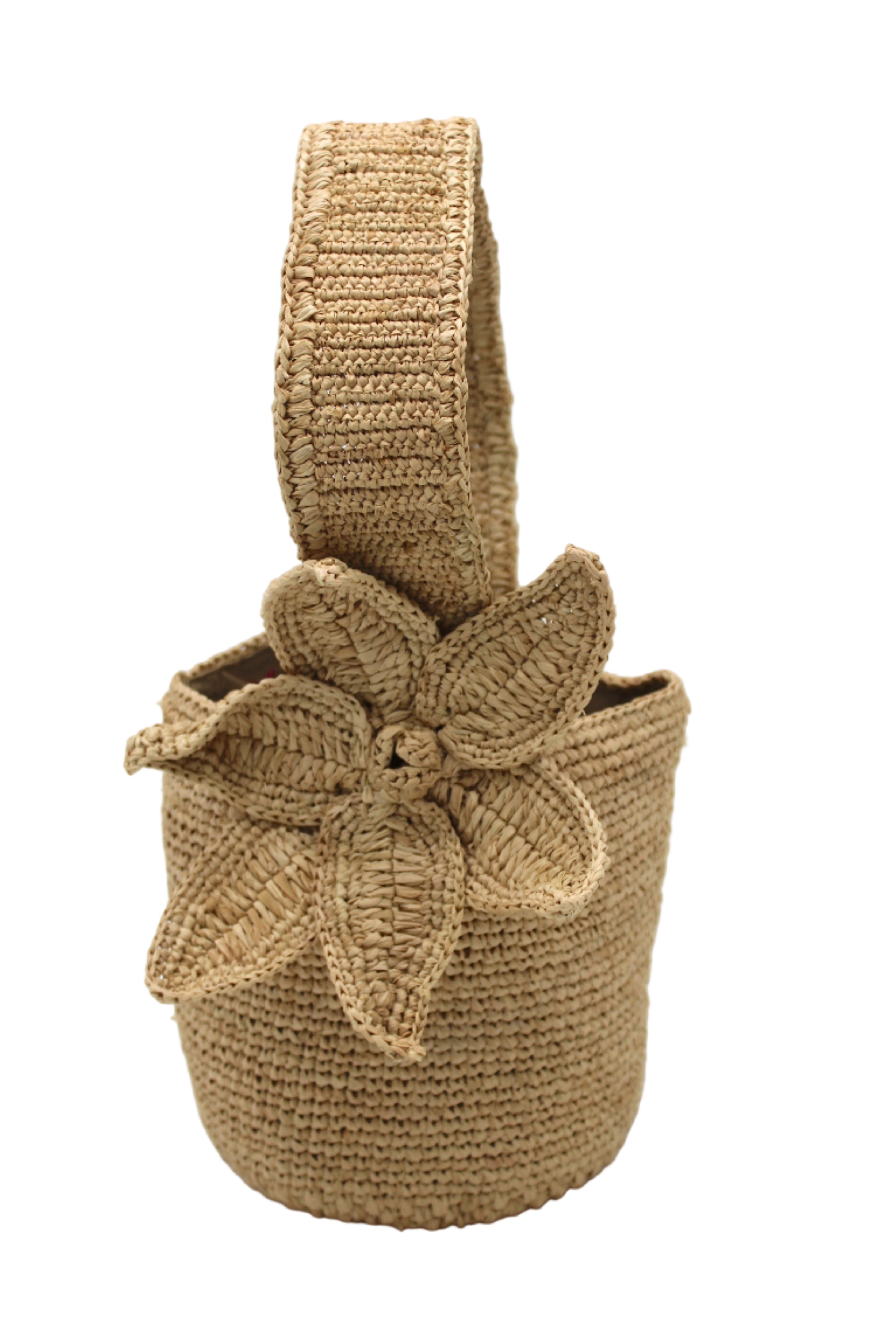 Valencia Mini Crochet Petit Straw Basket Handbag with Flower Embellishment handmade natural raffia palm fiber in a solid hue of Natural straw color crochet in bands of horizontal link pattern texture with integrated strap handle and large flower embellishment - Shebobo
