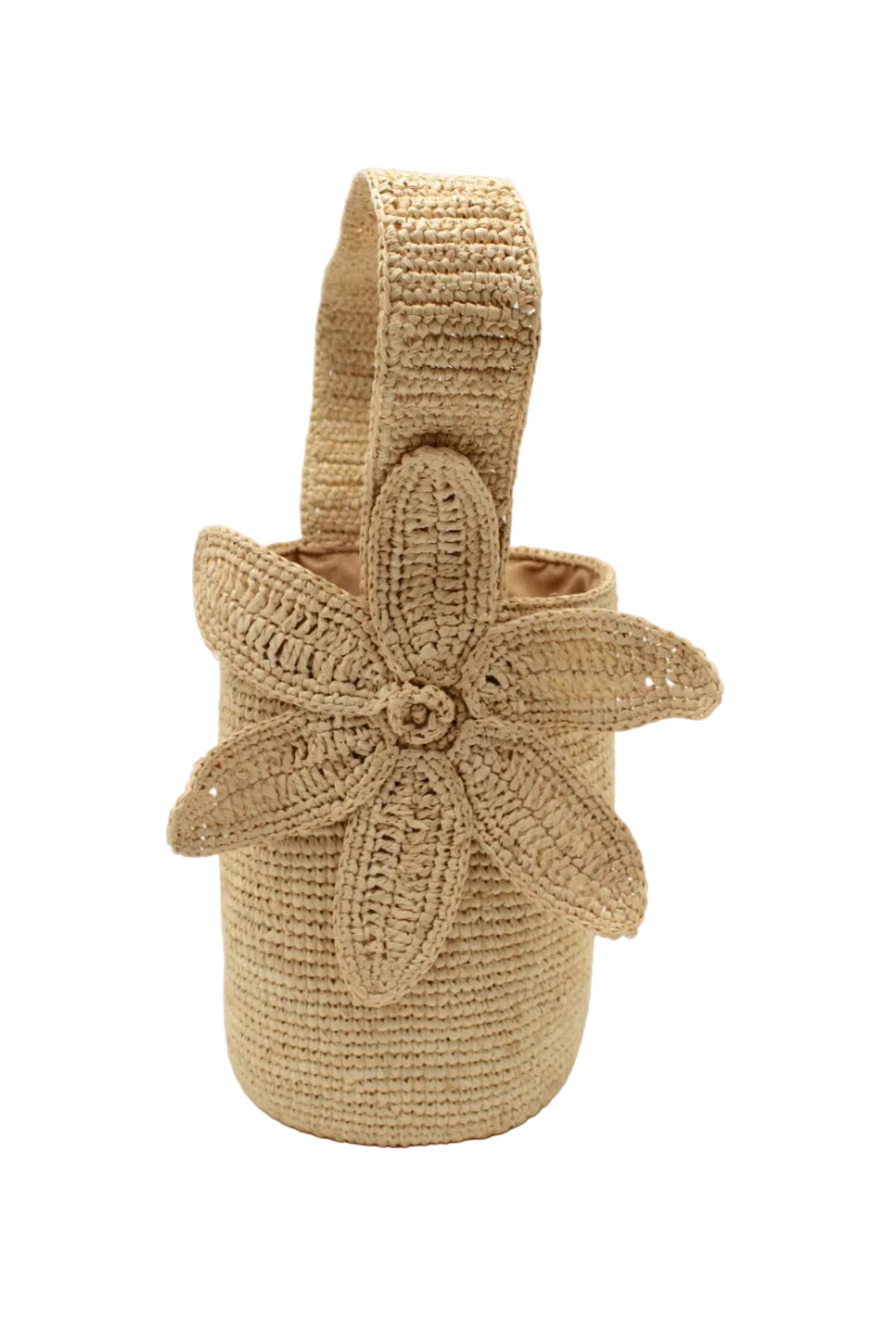 Valencia Mini Crochet Petit Straw Basket Handbag with Flower Embellishment handmade natural raffia palm fiber in a solid hue of Natural straw color crochet in bands of horizontal link pattern texture with integrated strap handle and large flower embellishment - Shebobo
