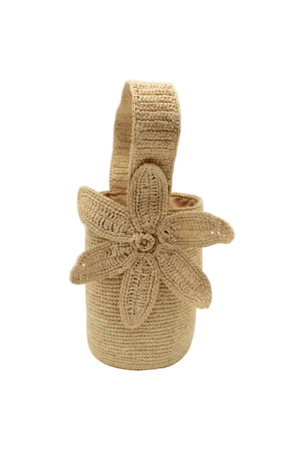 Valencia Mini Crochet Petit Straw Basket Handbag with Flower Embellishment handmade natural raffia palm fiber in a solid hue of Natural straw color crochet in bands of horizontal link pattern texture with integrated strap handle and large flower embellishment - Shebobo
