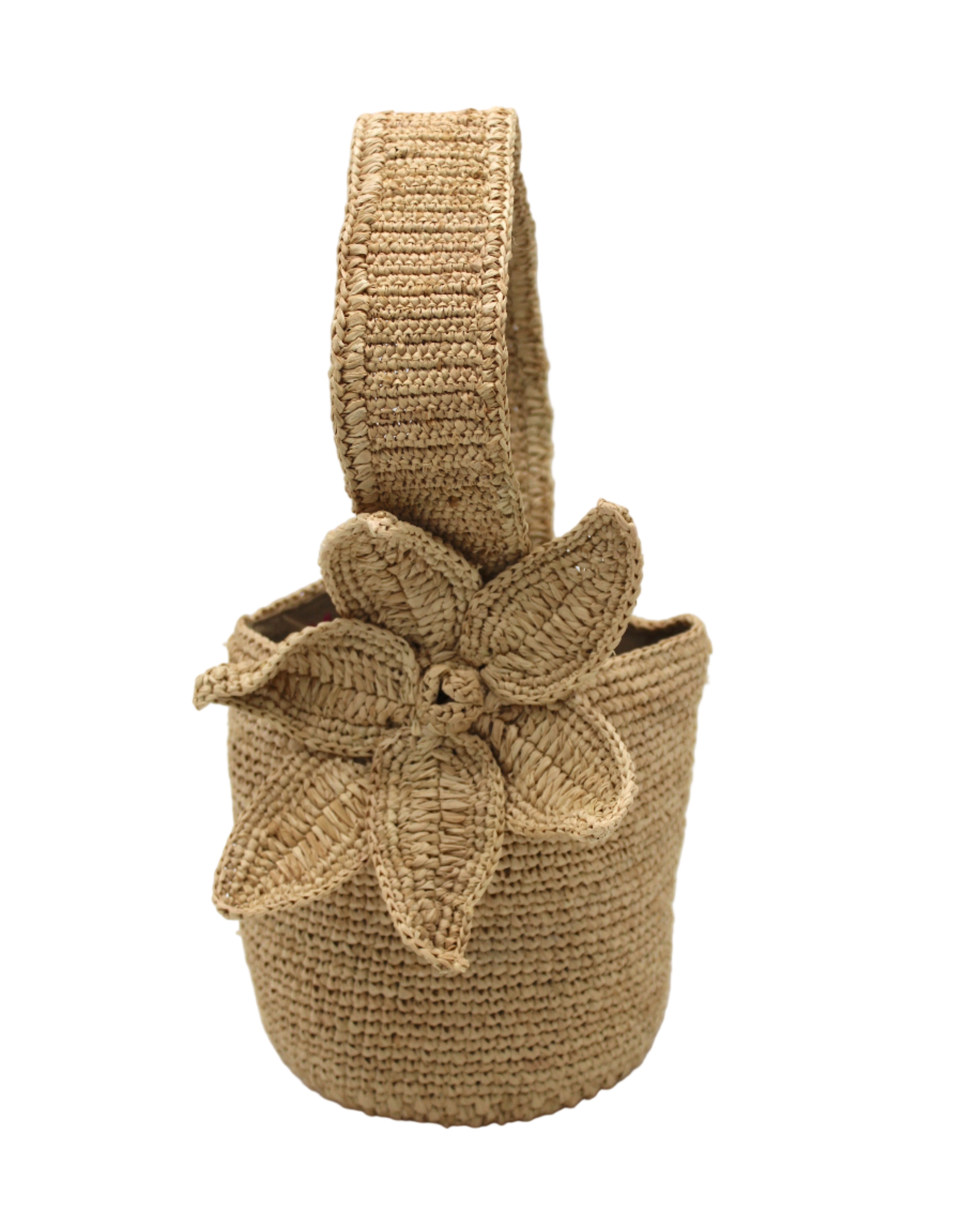 Valencia Mini Crochet Petit Straw Basket Handbag with Flower Embellishment handmade natural raffia palm fiber in a solid hue of Natural straw color crochet in bands of horizontal link pattern texture with integrated strap handle and large flower embellishment - Shebobo