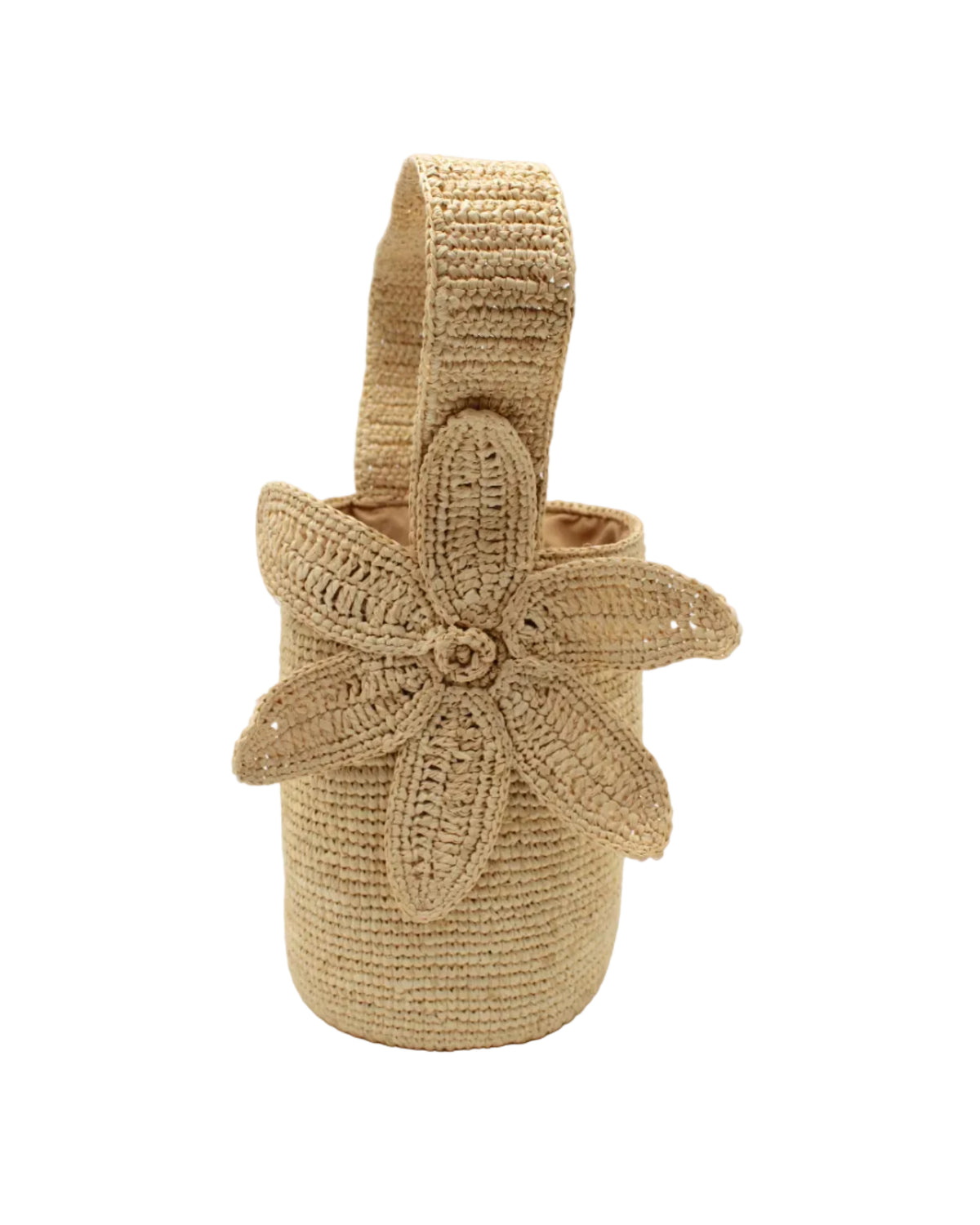 Valencia Mini Crochet Petit Straw Basket Handbag with Flower Embellishment handmade natural raffia palm fiber in a solid hue of Natural straw color crochet in bands of horizontal link pattern texture with integrated strap handle and large flower embellishment - Shebobo