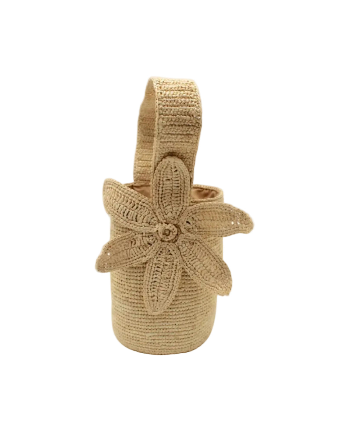 Valencia Mini Crochet Petit Straw Basket Handbag with Flower Embellishment handmade natural raffia palm fiber in a solid hue of Natural straw color crochet in bands of horizontal link pattern texture with integrated strap handle and large flower embellishment - Shebobo