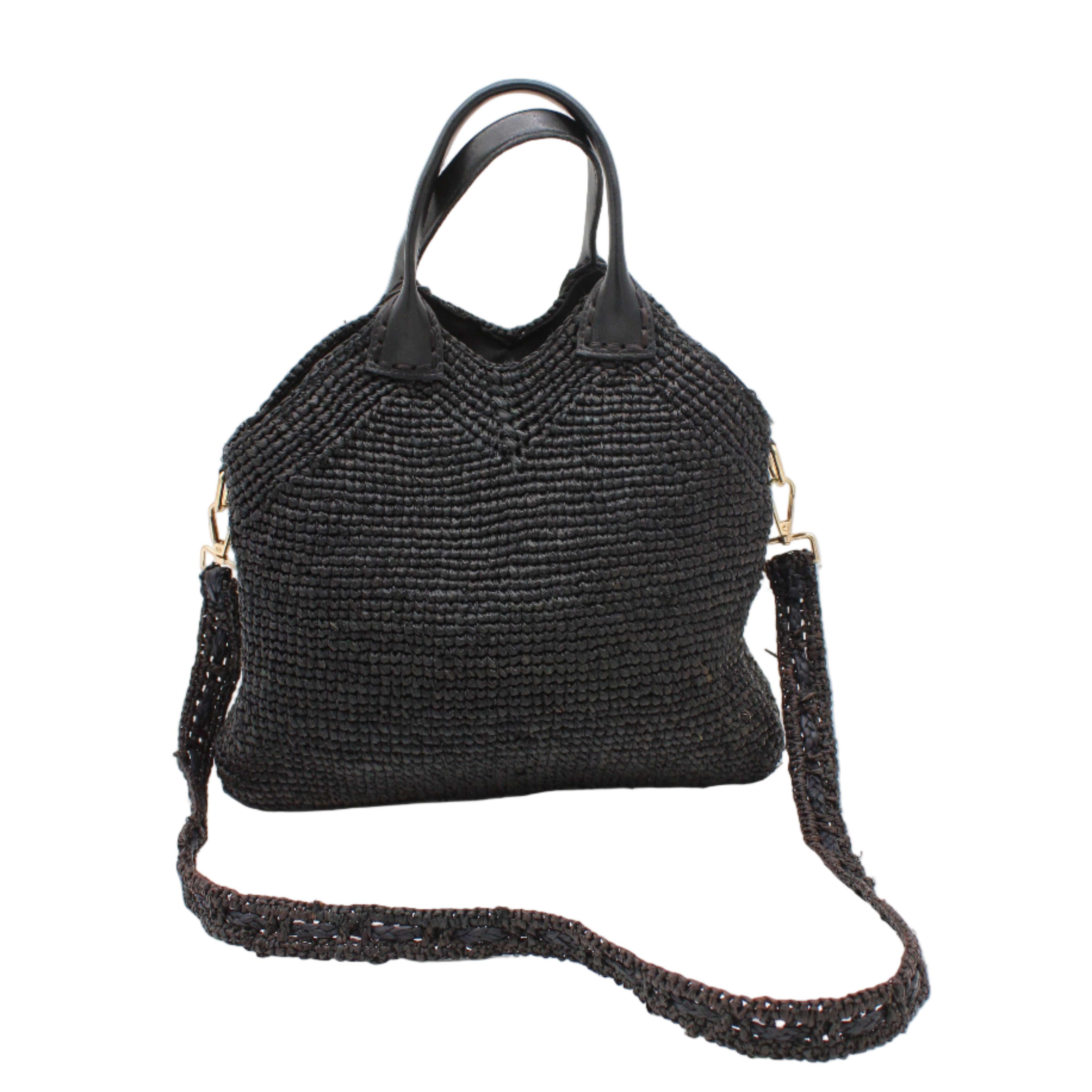 Victoria Crochet Straw Handbag Convertible Crossbody Bag handmade crochet natural raffia palm fiber in a solid hue of black in a subtle texture of horizontal link bands pattern across the bag and m shape around the top of the bag with black leather handles and removable matching crossbody strap convertible purse - Shebobo
