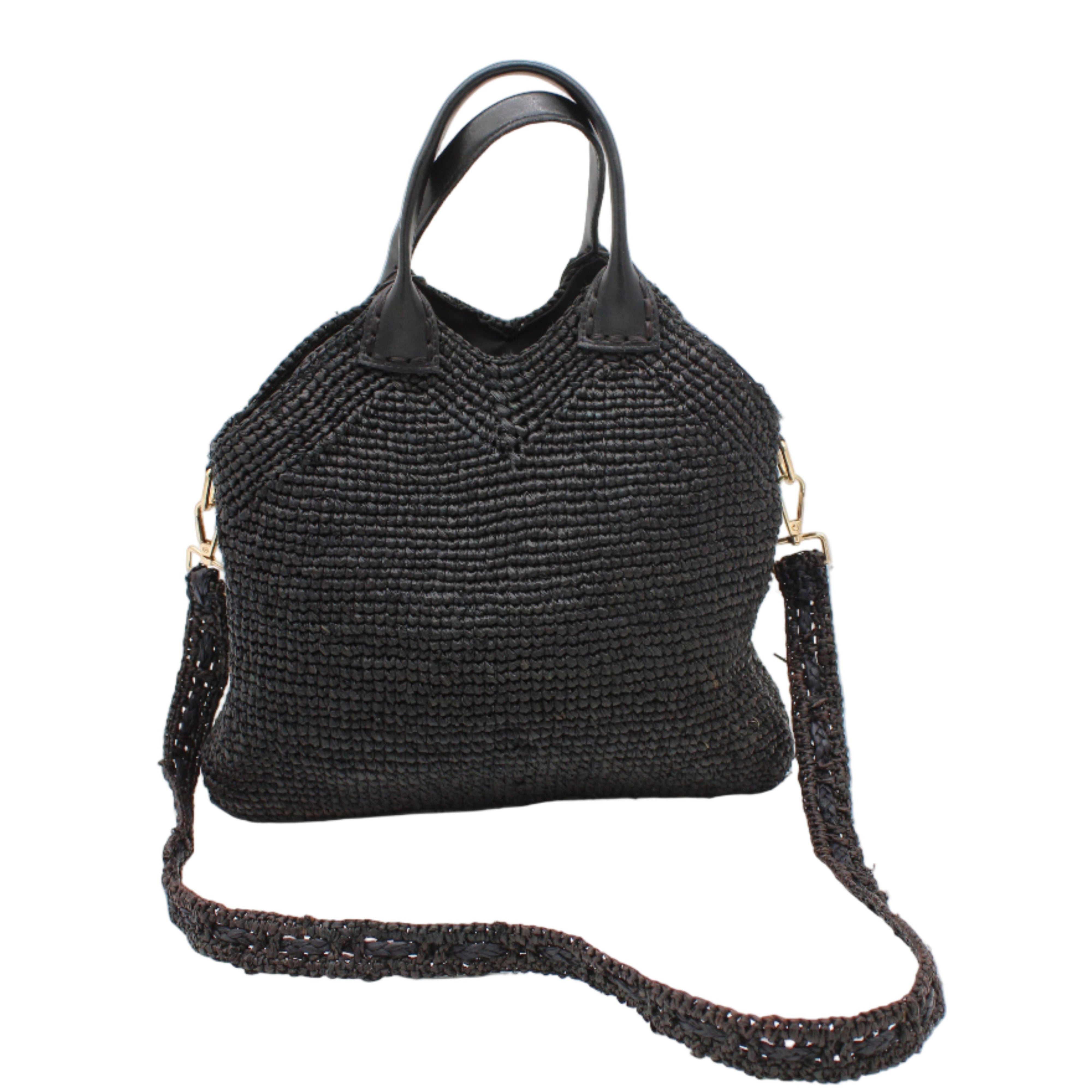 Victoria Crochet Straw Handbag Convertible Crossbody Bag handmade crochet natural raffia palm fiber in a solid hue of black in a subtle texture of horizontal link bands pattern across the bag and m shape around the top of the bag with black leather handles and removable matching crossbody strap convertible purse - Shebobo