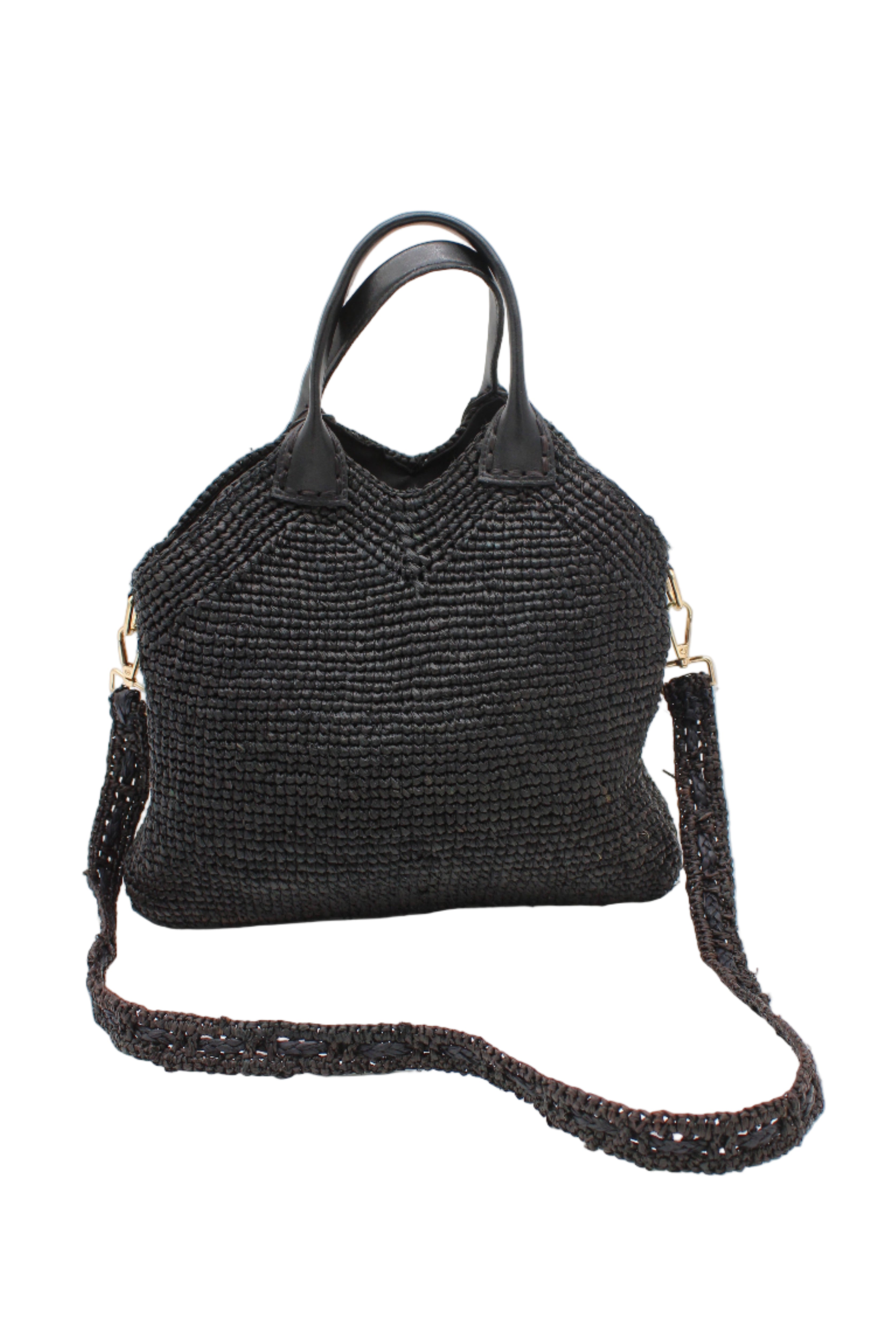 Victoria Crochet Straw Handbag Convertible Crossbody Bag handmade crochet natural raffia palm fiber in a solid hue of black in a subtle texture of horizontal link bands pattern across the bag and m shape around the top of the bag with black leather handles and removable matching crossbody strap convertible purse - Shebobo