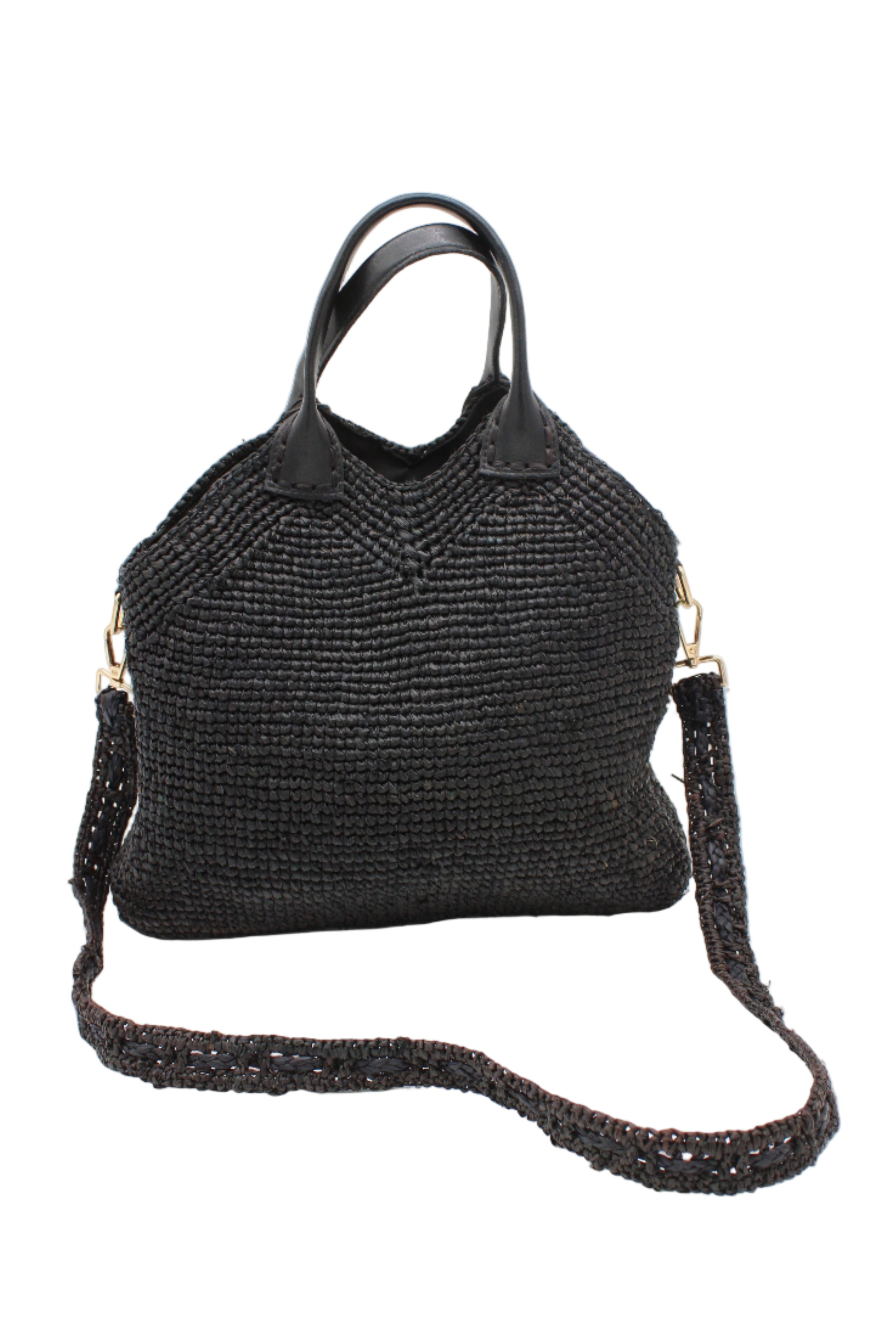 Victoria Crochet Straw Handbag Convertible Crossbody Bag handmade crochet natural raffia palm fiber in a solid hue of black in a subtle texture of horizontal link bands pattern across the bag and m shape around the top of the bag with black leather handles and removable matching crossbody strap convertible purse - Shebobo