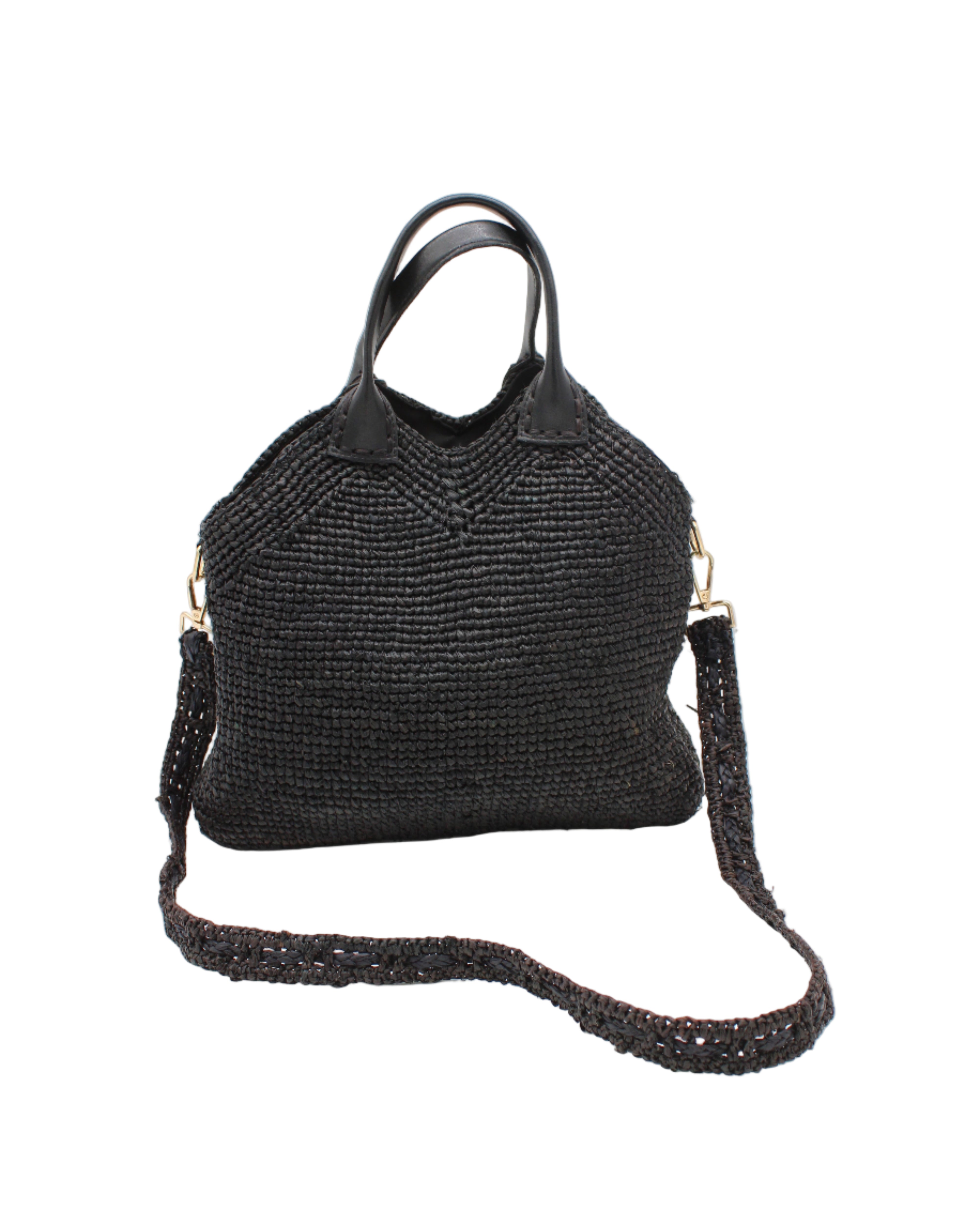 Victoria Crochet Straw Handbag Convertible Crossbody Bag handmade crochet natural raffia palm fiber in a solid hue of black in a subtle texture of horizontal link bands pattern across the bag and m shape around the top of the bag with black leather handles and removable matching crossbody strap convertible purse - Shebobo