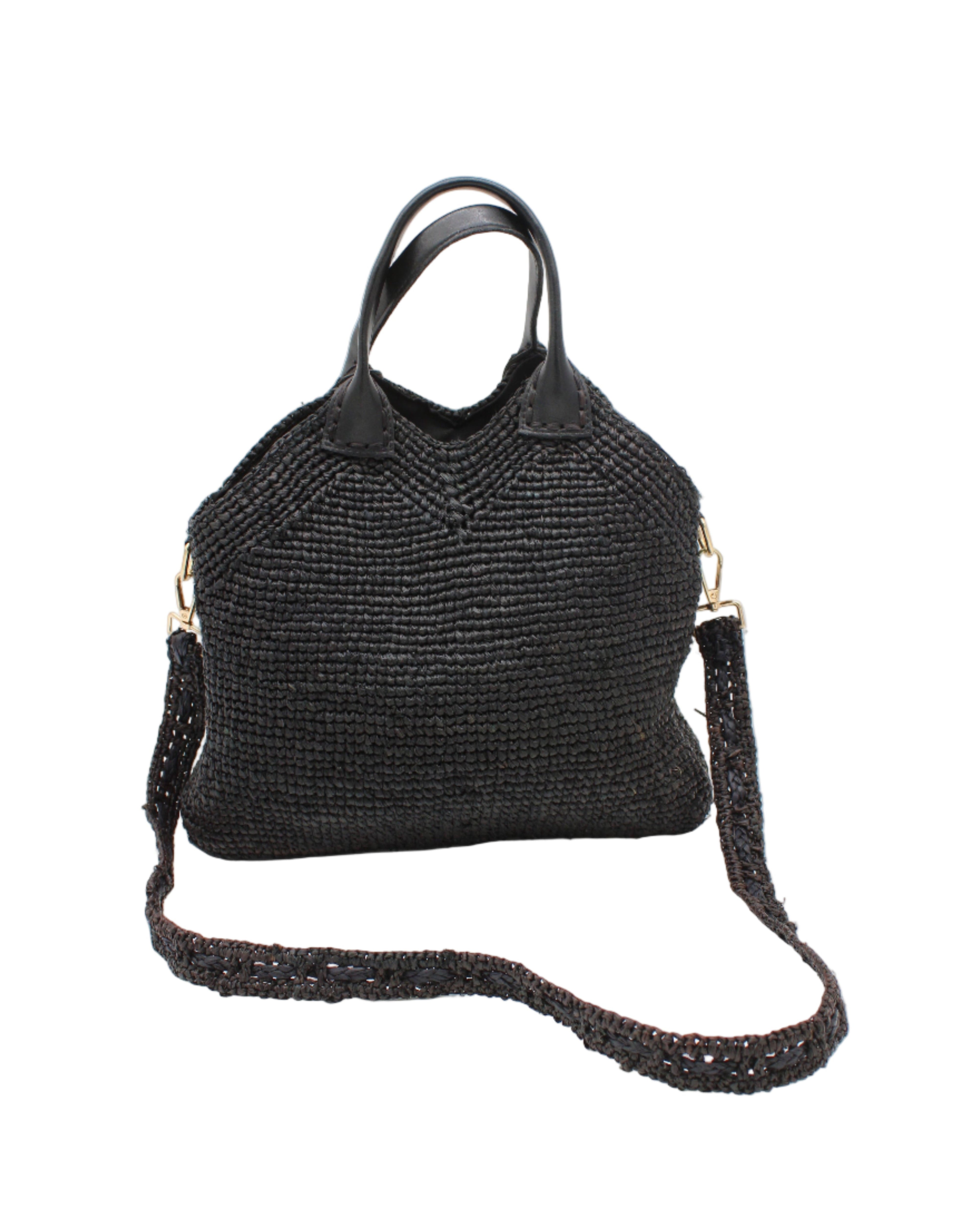 Victoria Crochet Straw Handbag Convertible Crossbody Bag handmade crochet natural raffia palm fiber in a solid hue of black in a subtle texture of horizontal link bands pattern across the bag and m shape around the top of the bag with black leather handles and removable matching crossbody strap convertible purse - Shebobo