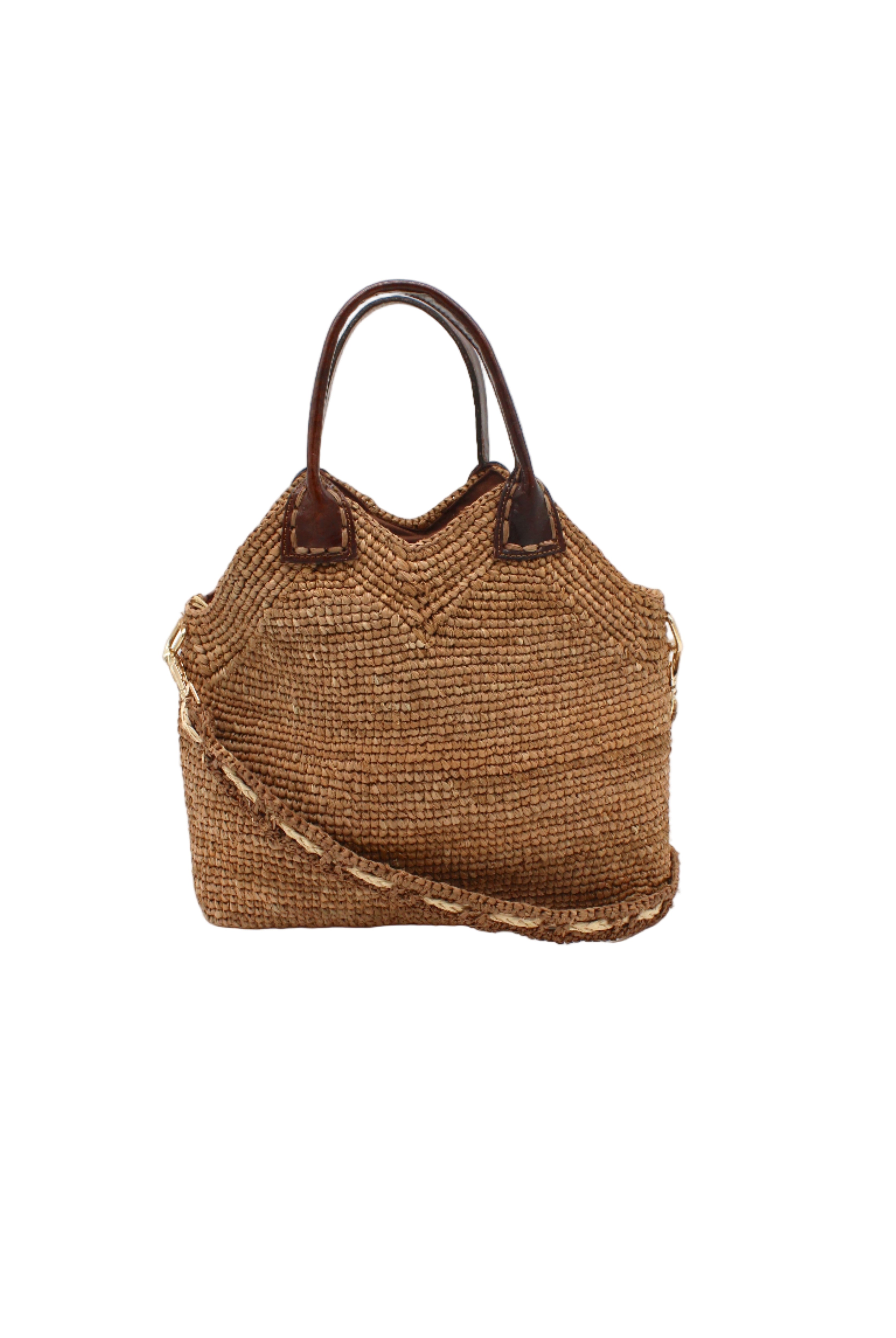 Victoria Crochet Straw Handbag Convertible Crossbody Bag handmade crochet natural raffia palm fiber in a solid hue of cappuccino tea/light/brown in a subtle texture of horizontal link bands pattern across the bag and m shape around the top of the bag with dark brown leather handles and removable two tone natural and cappuccino tea/light/brown crossbody strap convertible purse - Shebobo