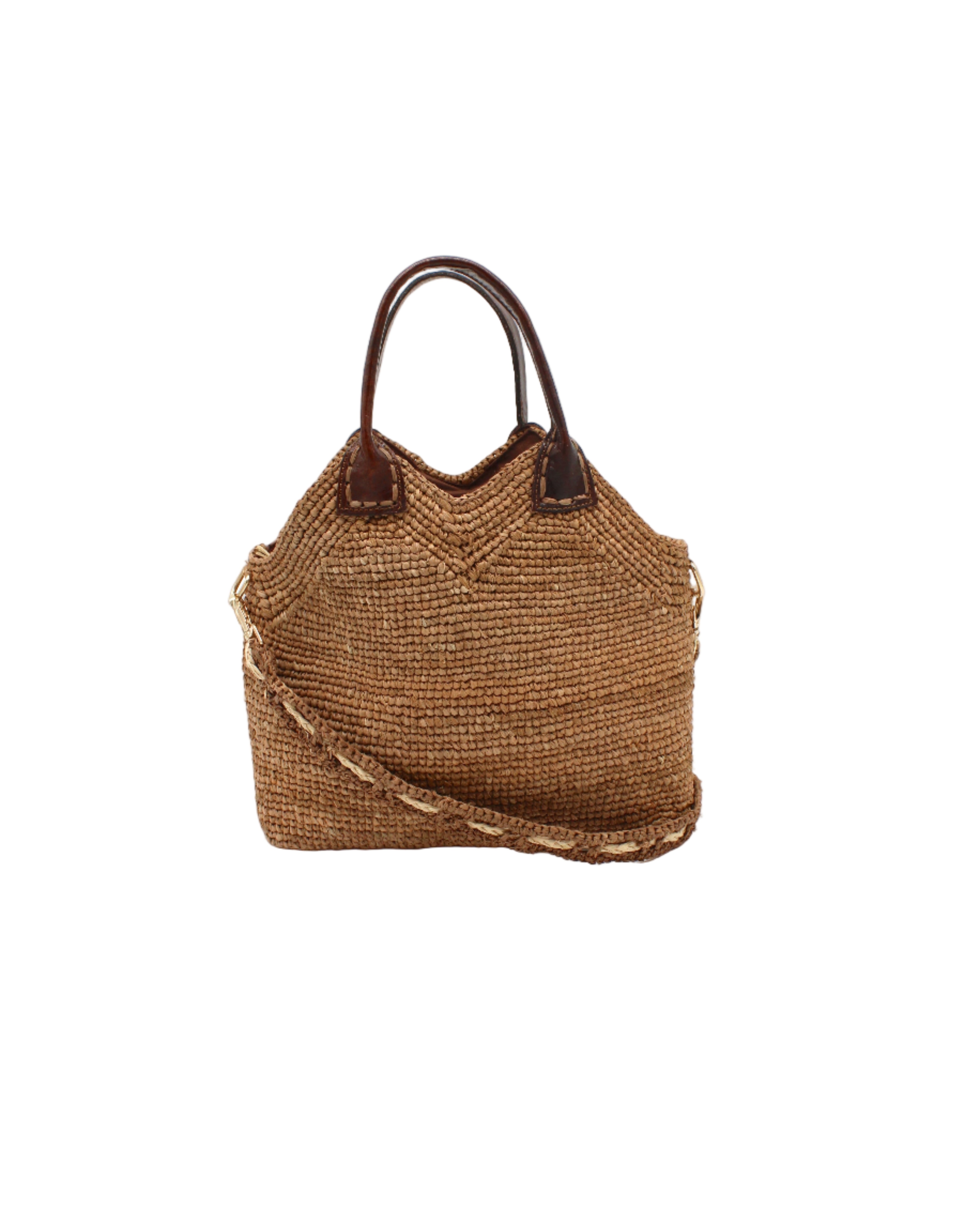 Victoria Crochet Straw Handbag Convertible Crossbody Bag handmade crochet natural raffia palm fiber in a solid hue of cappuccino tea/light/brown in a subtle texture of horizontal link bands pattern across the bag and m shape around the top of the bag with dark brown leather handles and removable two tone natural and cappuccino tea/light/brown crossbody strap convertible purse - Shebobo