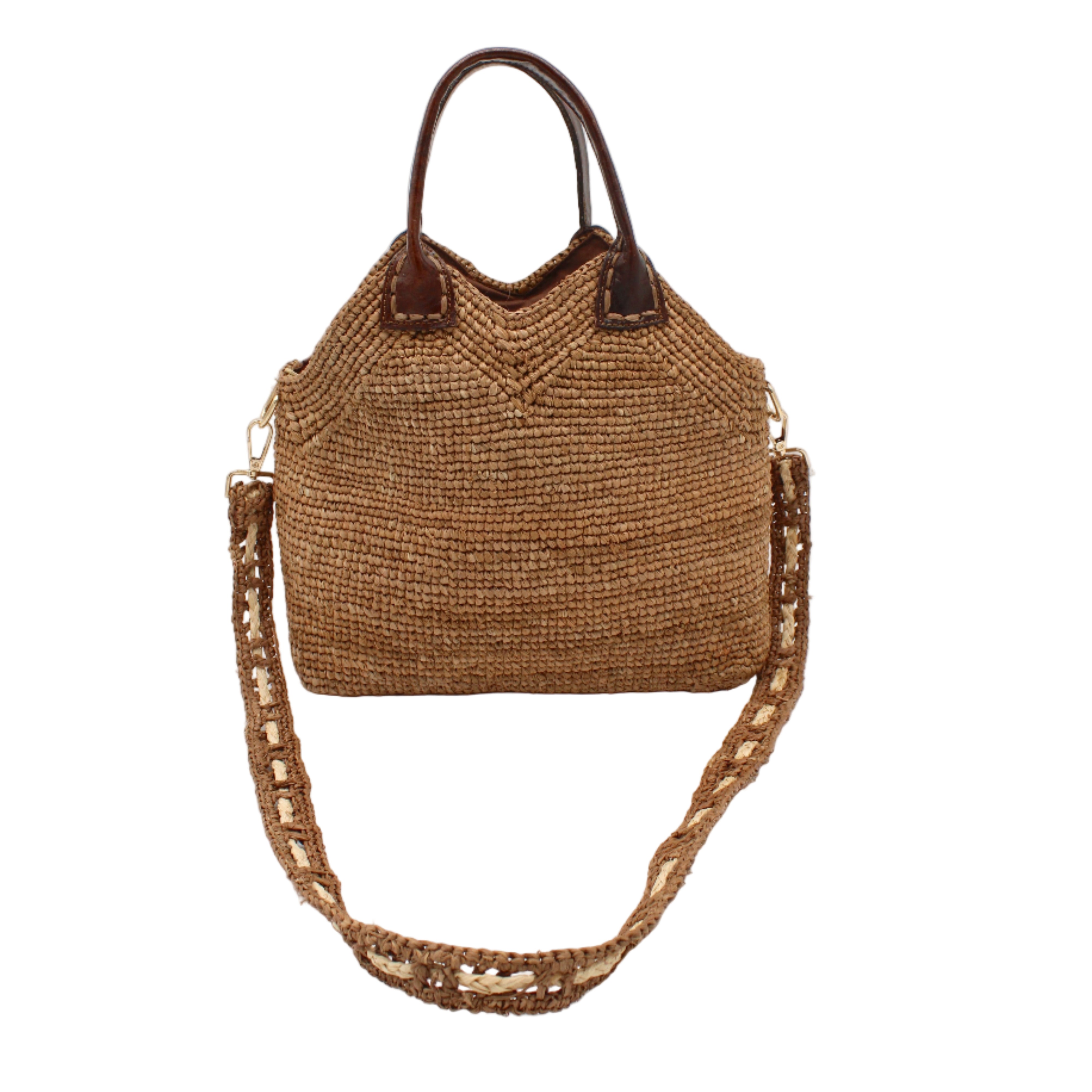 Victoria Crochet Straw Handbag Convertible Crossbody Bag handmade crochet natural raffia palm fiber in a solid hue of cappuccino tea/light/brown in a subtle texture of horizontal link bands pattern across the bag and m shape around the top of the bag with dark brown leather handles and removable two tone natural and cappuccino tea/light/brown crossbody strap convertible purse - Shebobo