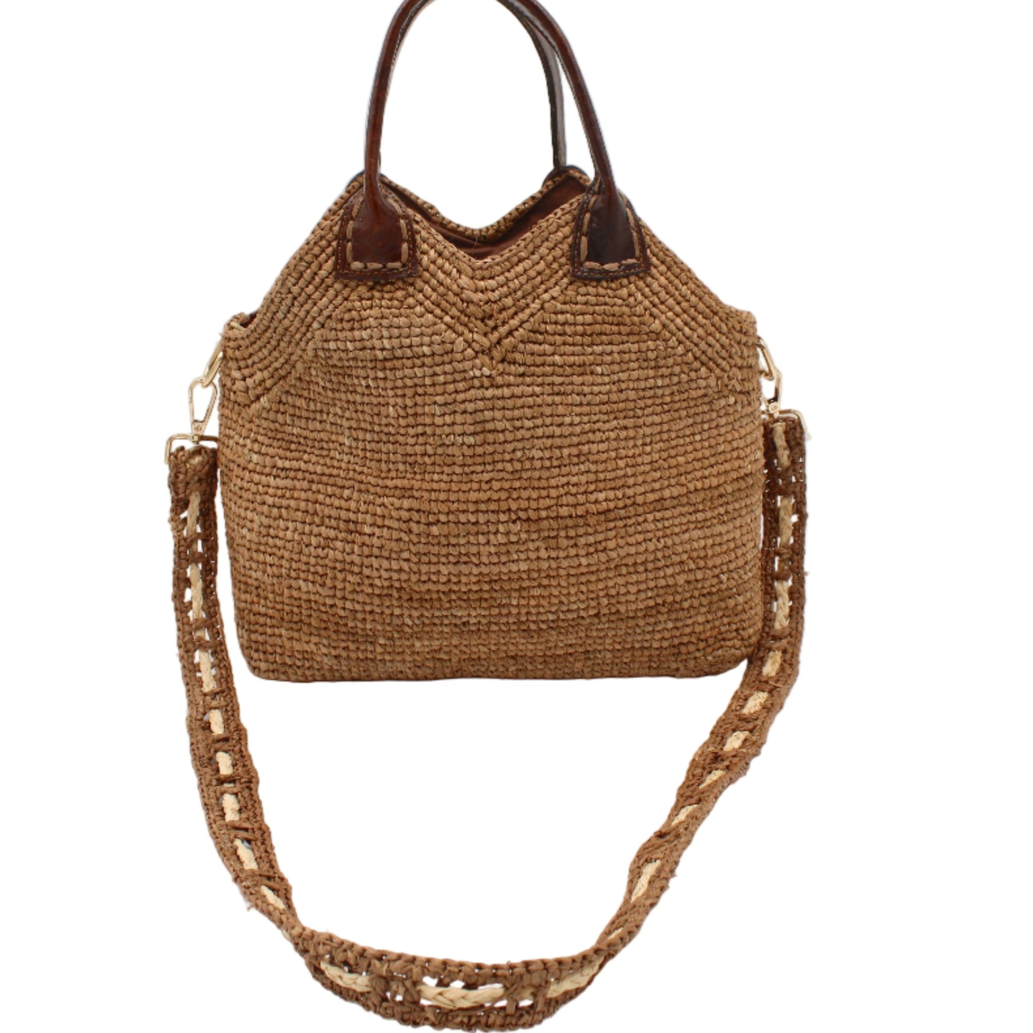 Victoria Crochet Straw Handbag Convertible Crossbody Bag handmade crochet natural raffia palm fiber in a solid hue of cappuccino tea/light/brown in a subtle texture of horizontal link bands pattern across the bag and m shape around the top of the bag with dark brown leather handles and removable two tone natural and cappuccino tea/light/brown crossbody strap convertible purse - Shebobo