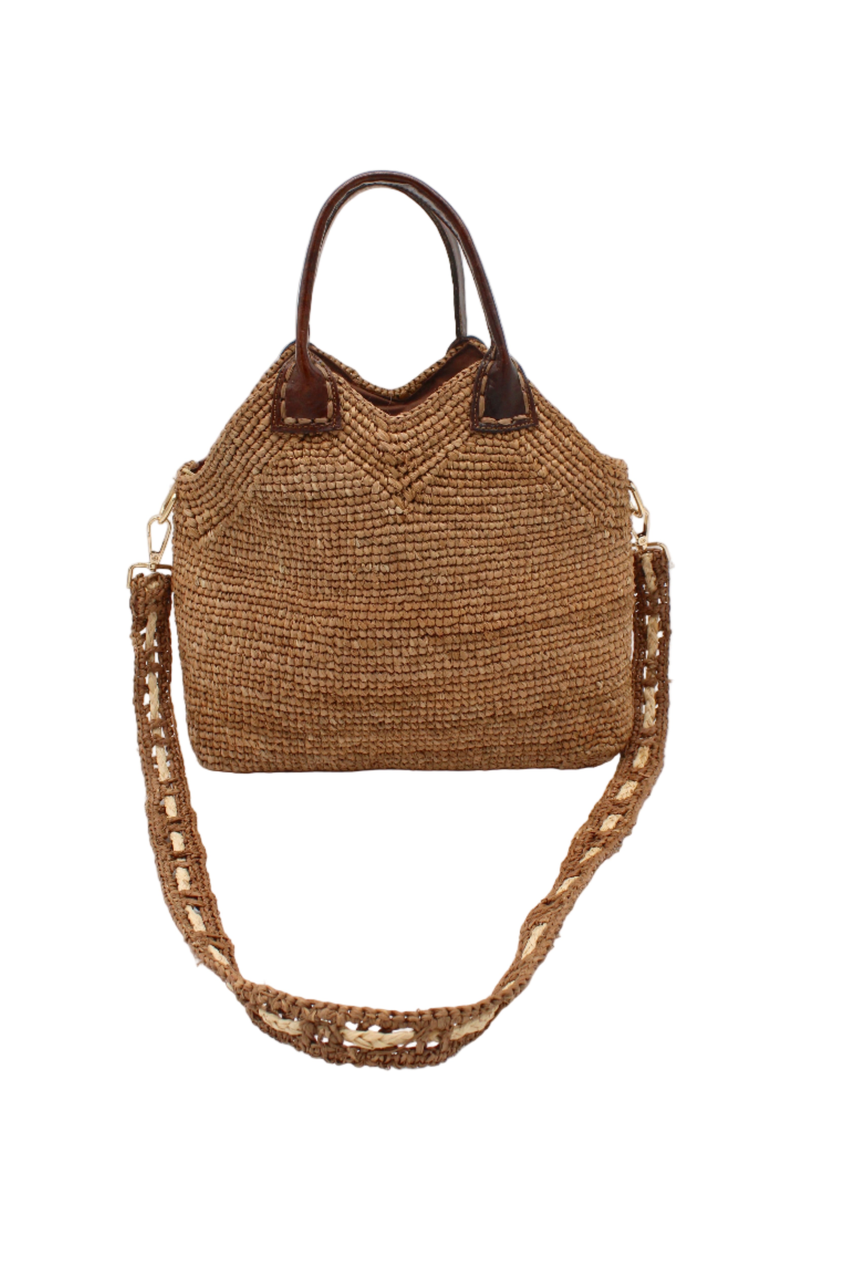 Victoria Crochet Straw Handbag Convertible Crossbody Bag handmade crochet natural raffia palm fiber in a solid hue of cappuccino tea/light/brown in a subtle texture of horizontal link bands pattern across the bag and m shape around the top of the bag with dark brown leather handles and removable two tone natural and cappuccino tea/light/brown crossbody strap convertible purse - Shebobo