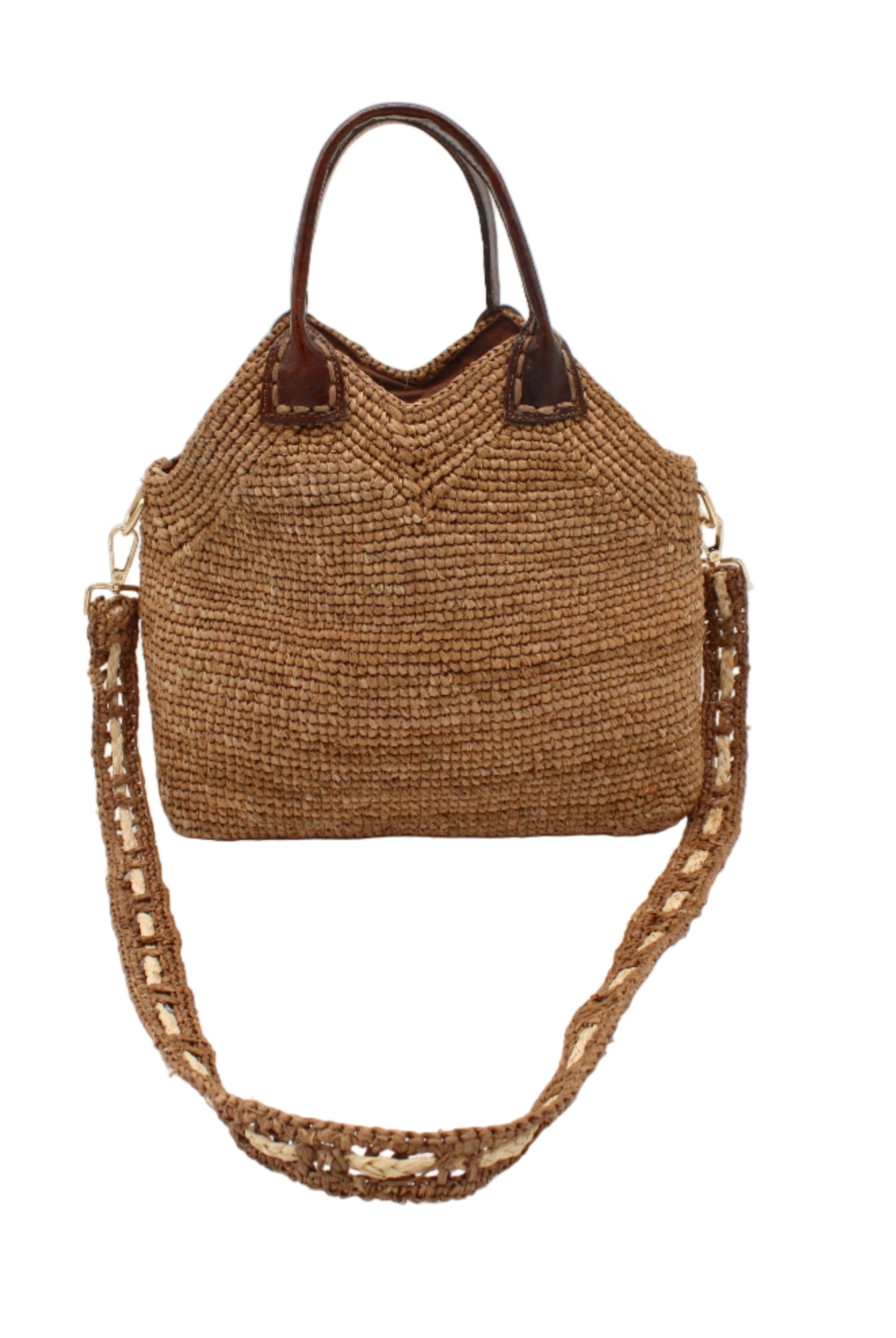 Victoria Crochet Straw Handbag Convertible Crossbody Bag handmade crochet natural raffia palm fiber in a solid hue of cappuccino tea/light/brown in a subtle texture of horizontal link bands pattern across the bag and m shape around the top of the bag with dark brown leather handles and removable two tone natural and cappuccino tea/light/brown crossbody strap convertible purse - Shebobo