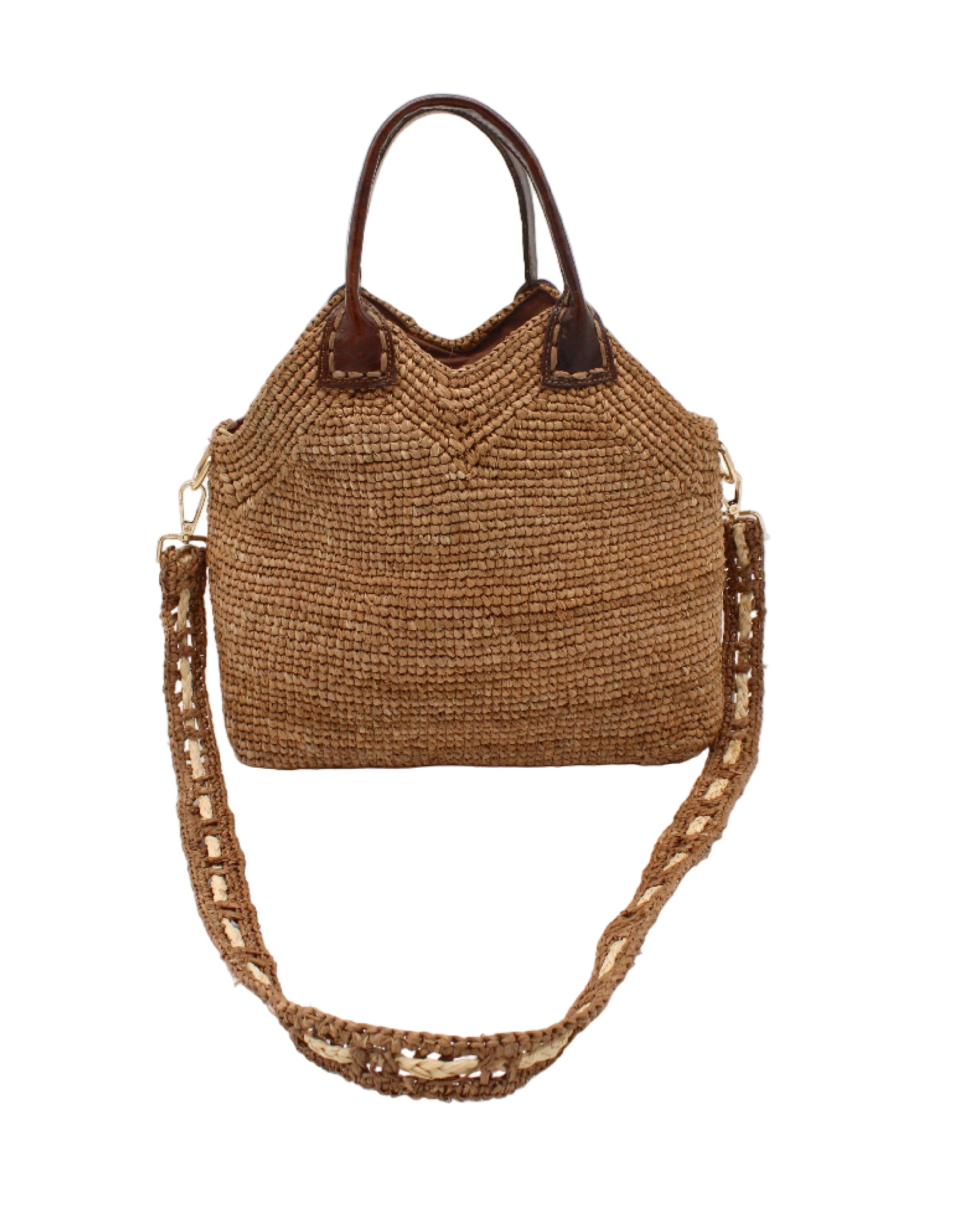 Victoria Crochet Straw Handbag Convertible Crossbody Bag handmade crochet natural raffia palm fiber in a solid hue of cappuccino tea/light/brown in a subtle texture of horizontal link bands pattern across the bag and m shape around the top of the bag with dark brown leather handles and removable two tone natural and cappuccino tea/light/brown crossbody strap convertible purse - Shebobo