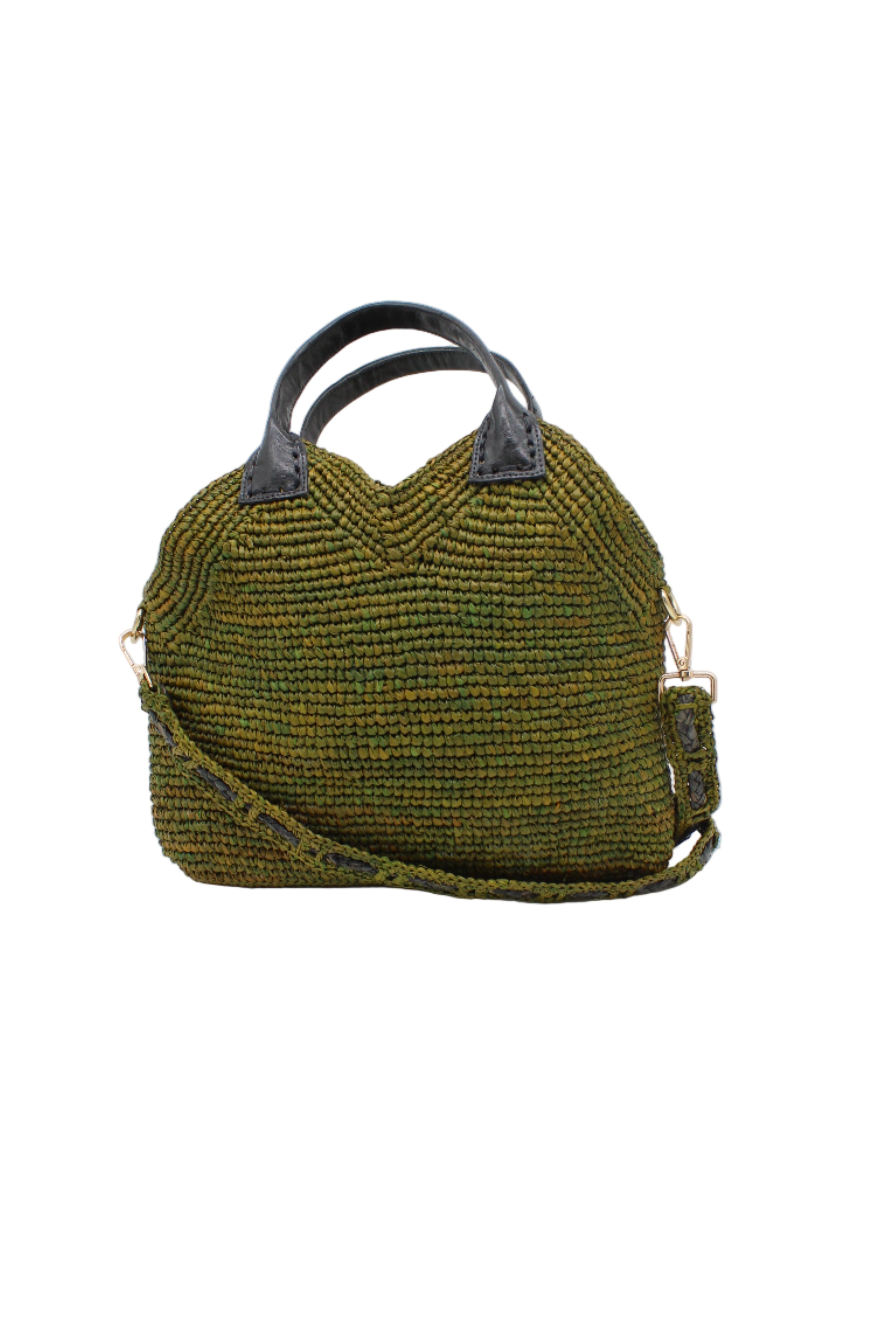Victoria Crochet Straw Handbag Convertible Crossbody Bag handmade crochet natural raffia palm fiber in a solid hue of martini dark/olive/green in a subtle texture of horizontal link bands pattern across the bag and m shape around the top of the bag with black leather handles and removable two tone martini and black crossbody strap convertible purse - Shebobo