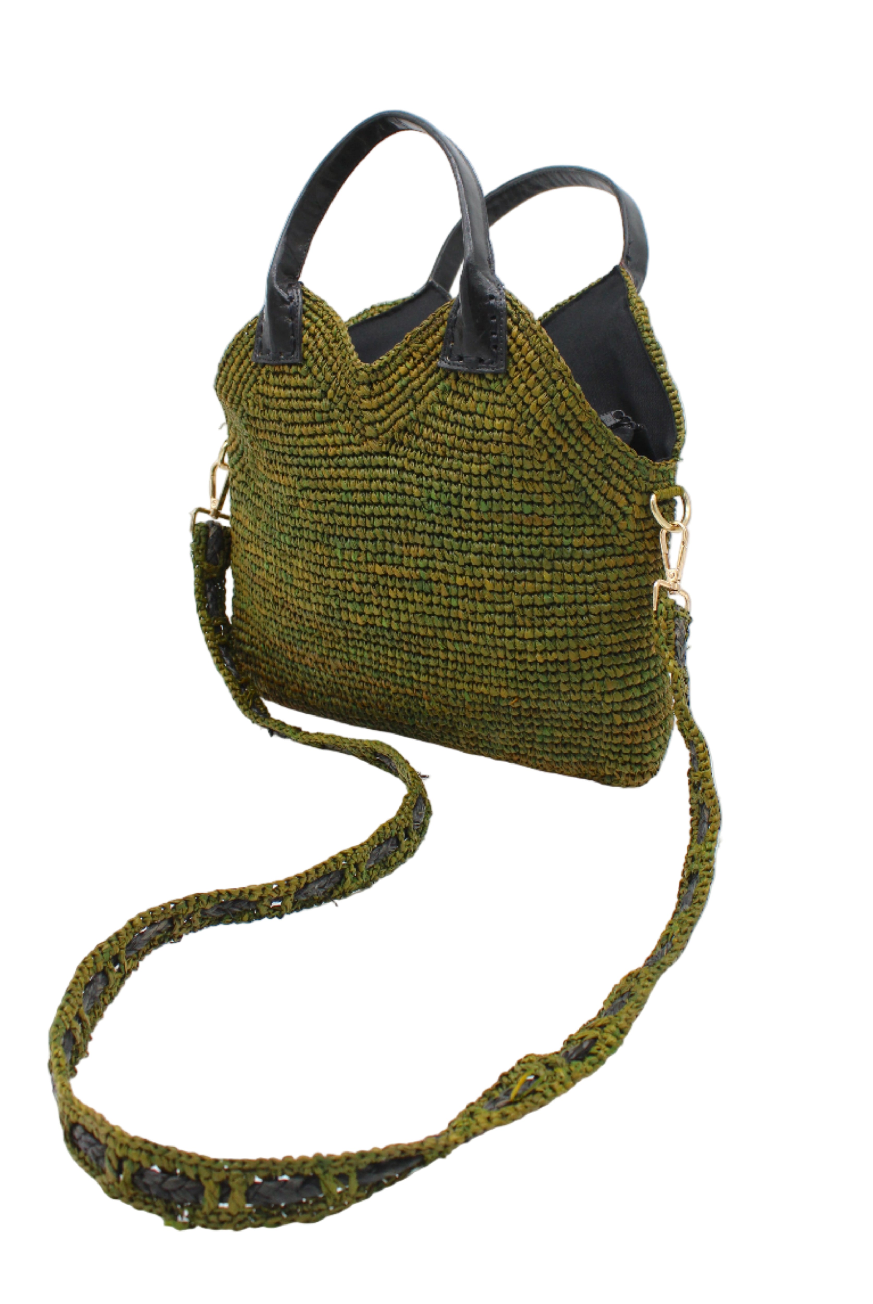 Side view Victoria Crochet Straw Handbag Convertible Crossbody Bag handmade crochet natural raffia palm fiber in a solid hue of martini dark/olive/green in a subtle texture of horizontal link bands pattern across the bag and m shape around the top of the bag with black leather handles and removable two tone martini and black crossbody strap convertible purse - Shebobo