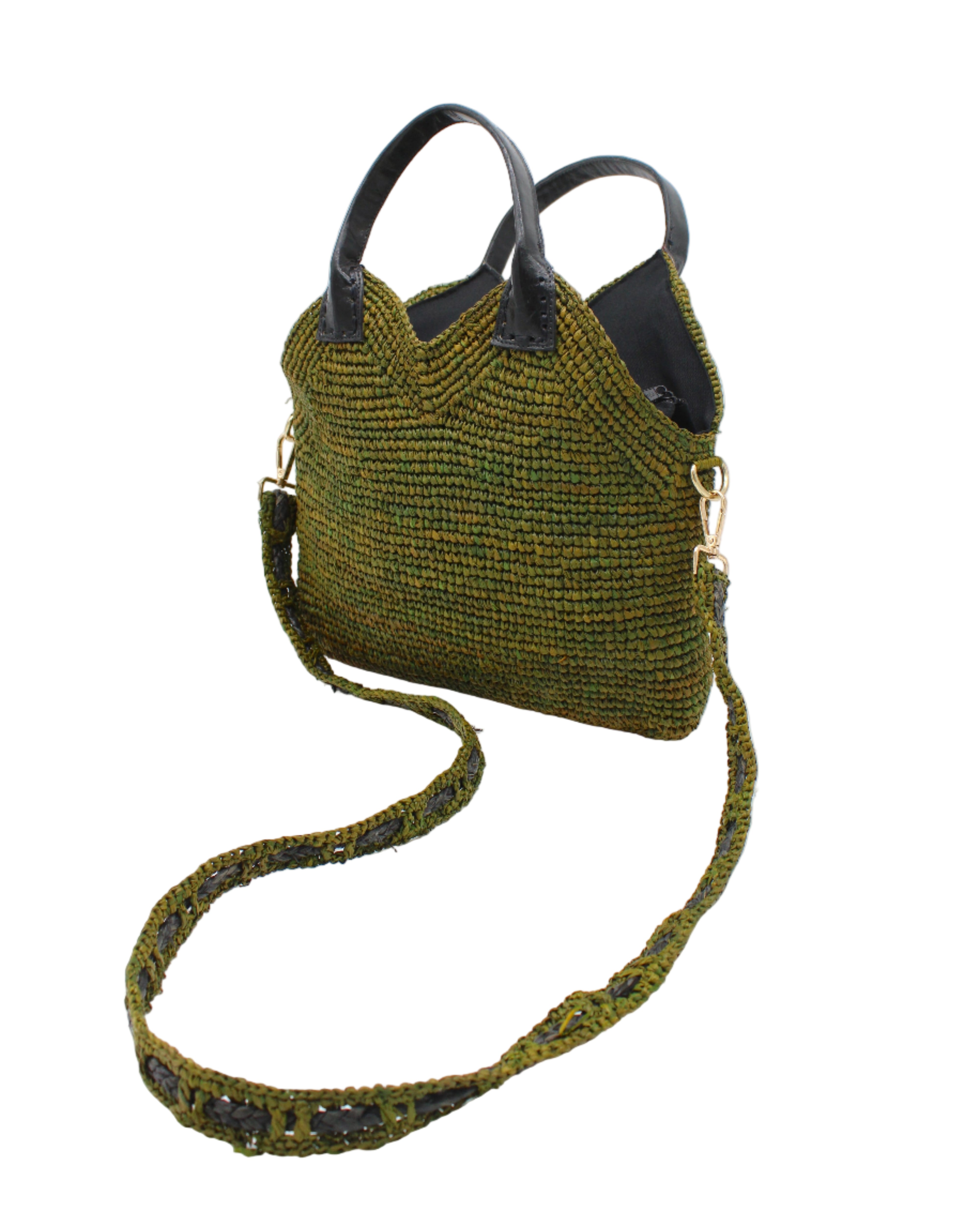 Side view Victoria Crochet Straw Handbag Convertible Crossbody Bag handmade crochet natural raffia palm fiber in a solid hue of martini dark/olive/green in a subtle texture of horizontal link bands pattern across the bag and m shape around the top of the bag with black leather handles and removable two tone martini and black crossbody strap convertible purse - Shebobo