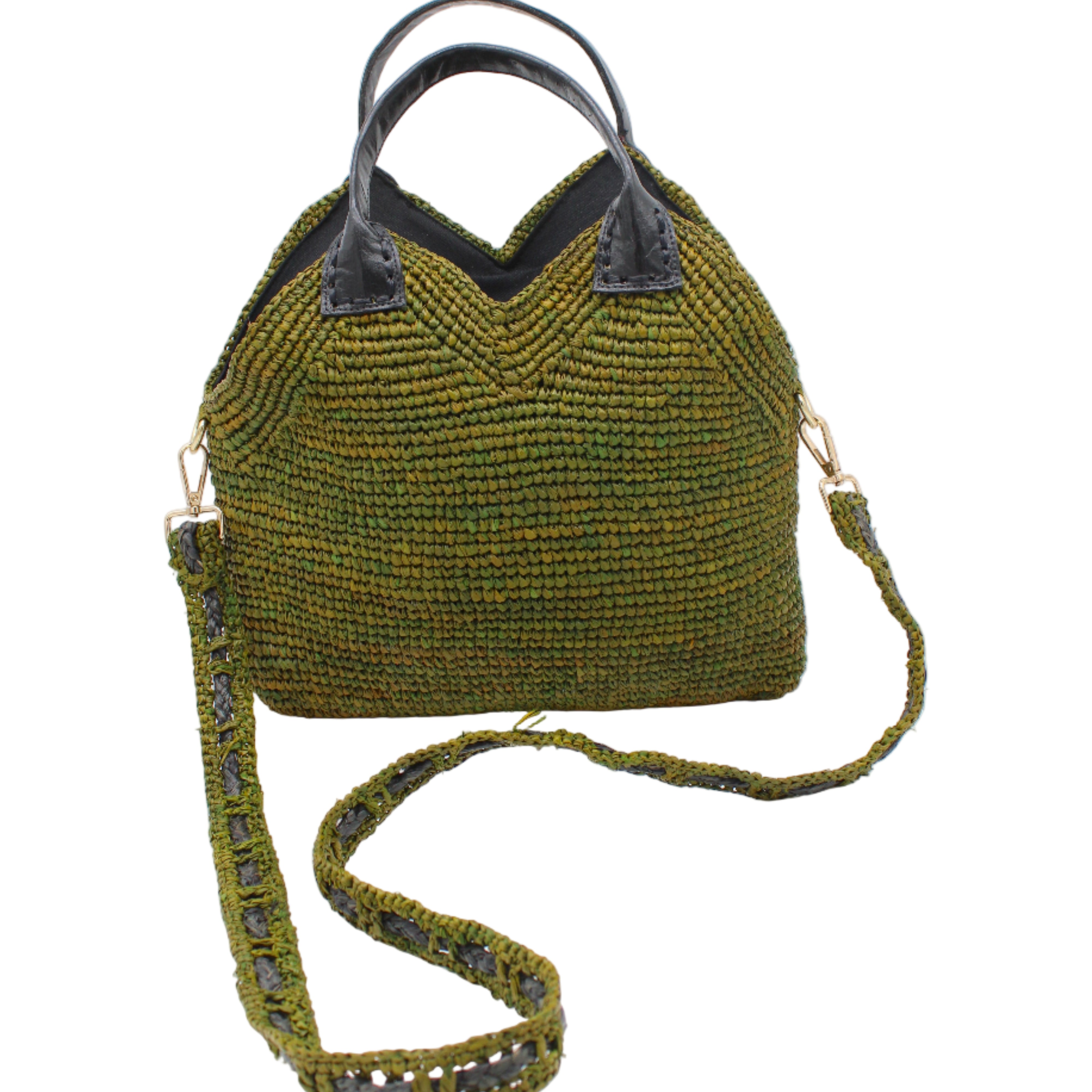 Victoria Crochet Straw Handbag Convertible Crossbody Bag handmade crochet natural raffia palm fiber in a solid hue of martini dark/olive/green in a subtle texture of horizontal link bands pattern across the bag and m shape around the top of the bag with black leather handles and removable two tone martini and black crossbody strap convertible purse - Shebobo