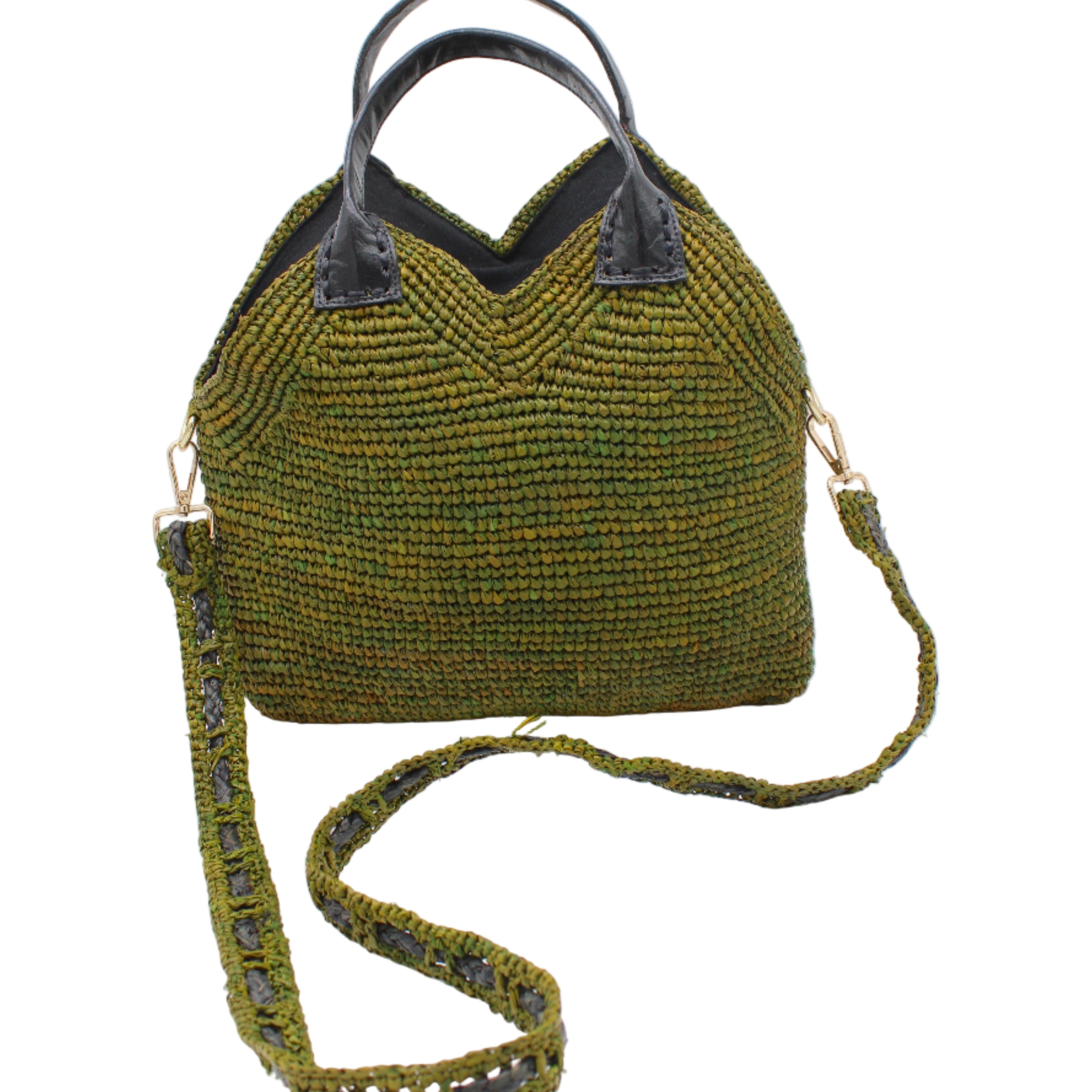 Victoria Crochet Straw Handbag Convertible Crossbody Bag handmade crochet natural raffia palm fiber in a solid hue of martini dark/olive/green in a subtle texture of horizontal link bands pattern across the bag and m shape around the top of the bag with black leather handles and removable two tone martini and black crossbody strap convertible purse - Shebobo