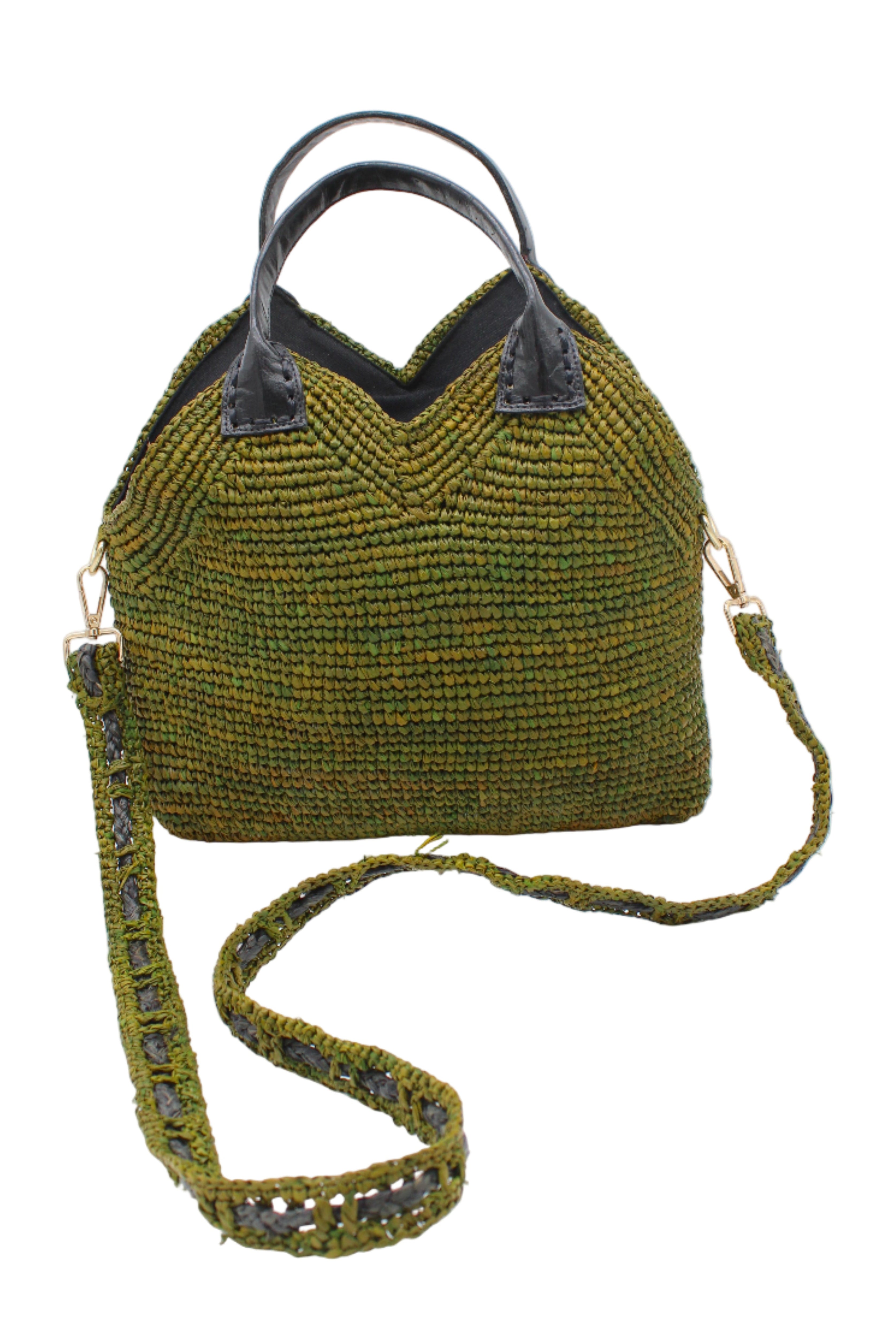 Victoria Crochet Straw Handbag Convertible Crossbody Bag handmade crochet natural raffia palm fiber in a solid hue of martini dark/olive/green in a subtle texture of horizontal link bands pattern across the bag and m shape around the top of the bag with black leather handles and removable two tone martini and black crossbody strap convertible purse - Shebobo