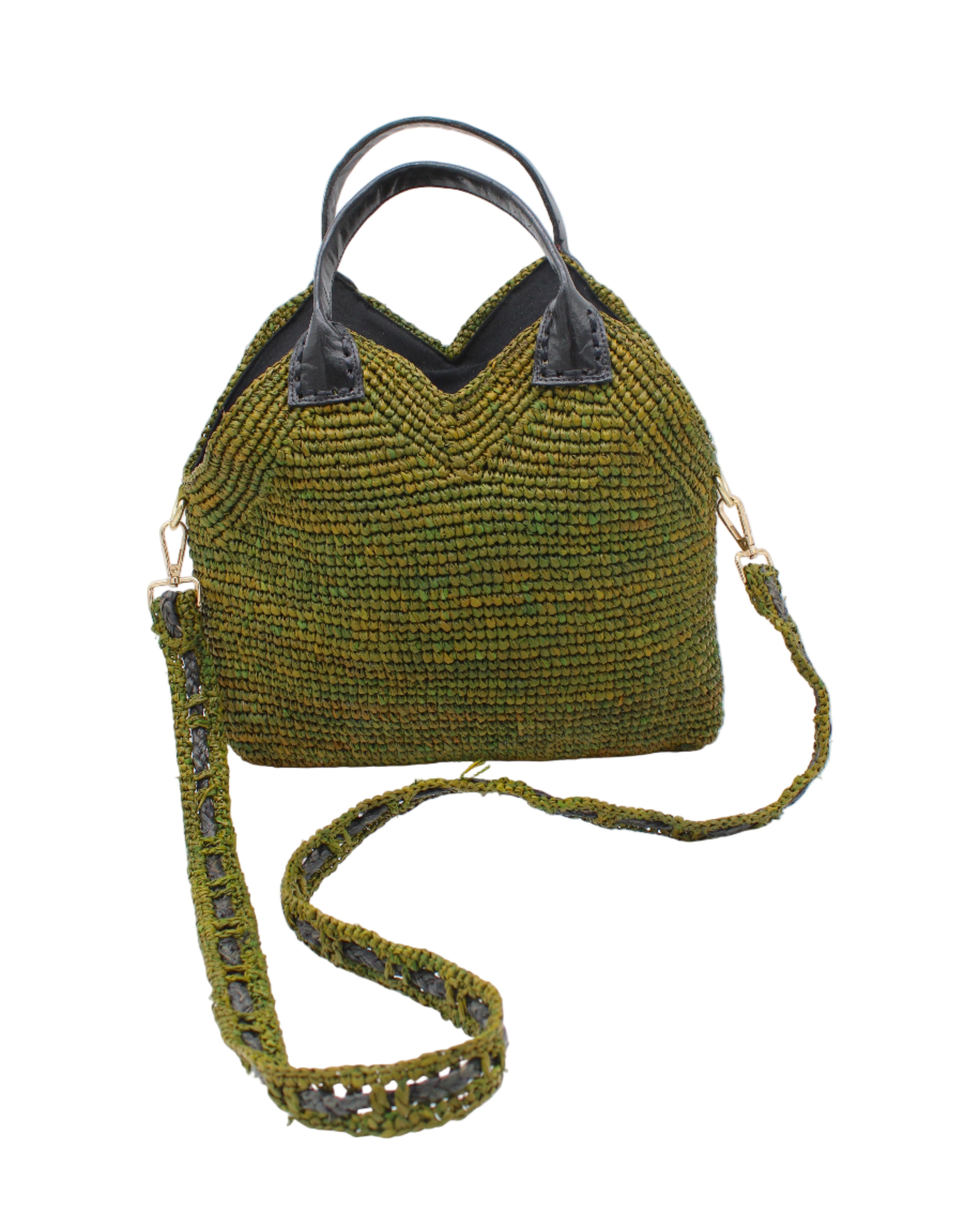 Victoria Crochet Straw Handbag Convertible Crossbody Bag handmade crochet natural raffia palm fiber in a solid hue of martini dark/olive/green in a subtle texture of horizontal link bands pattern across the bag and m shape around the top of the bag with black leather handles and removable two tone martini and black crossbody strap convertible purse - Shebobo