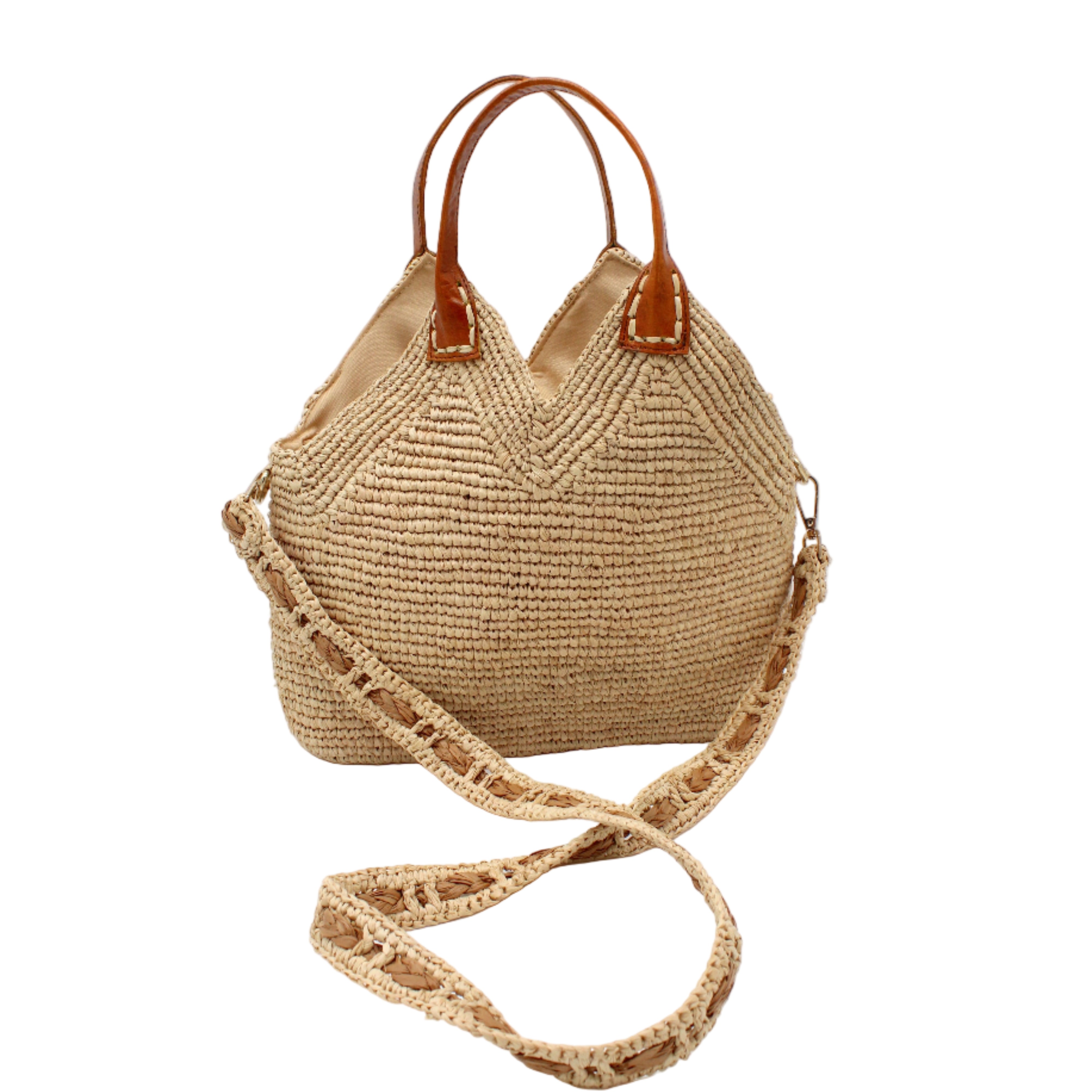 Victoria Crochet Straw Handbag Convertible Crossbody Bag handmade crochet natural raffia palm fiber in a solid hue of natural straw color in a subtle texture of horizontal link bands pattern across the bag and m shape around the top of the bag with brown leather handles and removable two tone natural and cappuccino tea/light/brown crossbody strap convertible purse - Shebobo