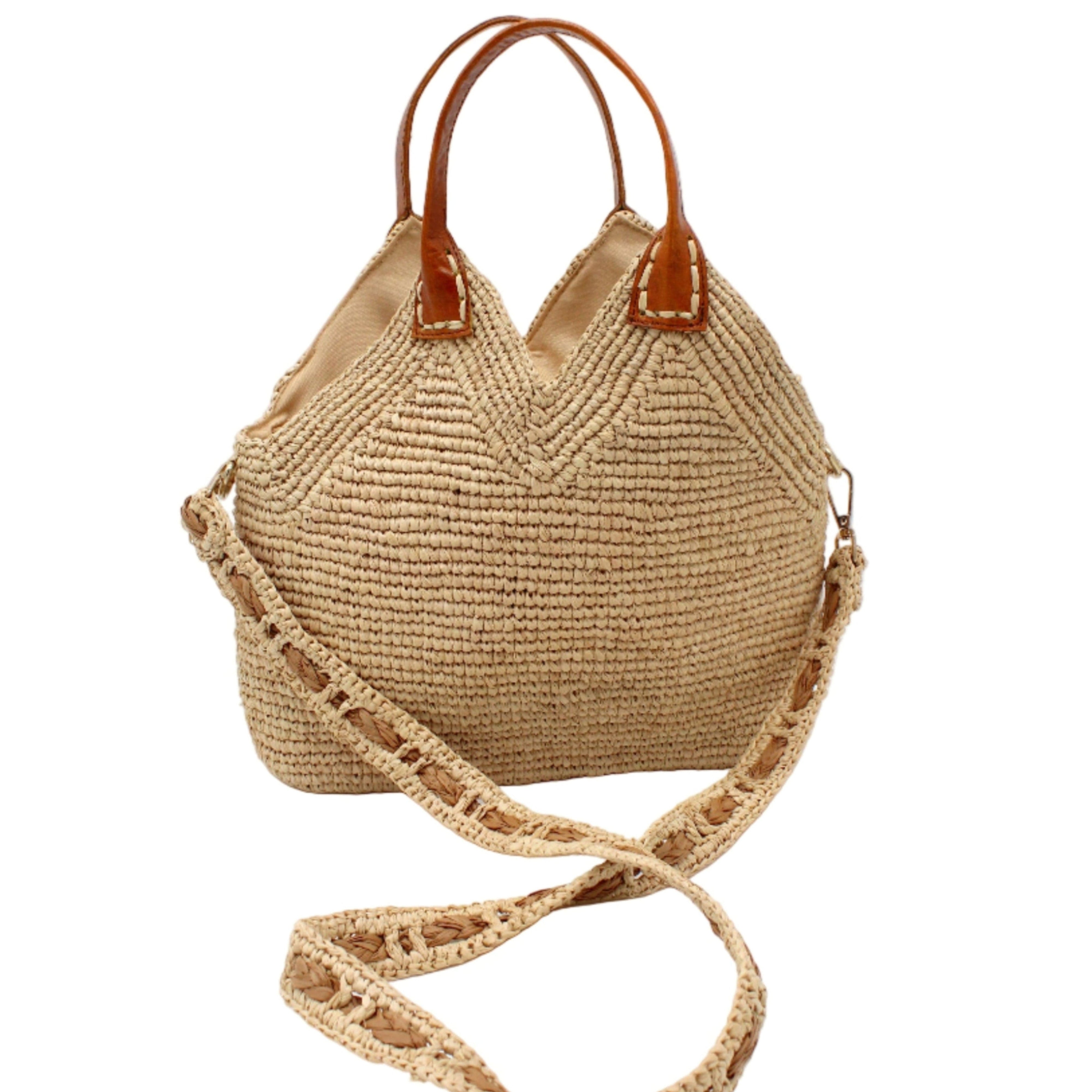 Victoria Crochet Straw Handbag Convertible Crossbody Bag handmade crochet natural raffia palm fiber in a solid hue of natural straw color in a subtle texture of horizontal link bands pattern across the bag and m shape around the top of the bag with brown leather handles and removable two tone natural and cappuccino tea/light/brown crossbody strap convertible purse - Shebobo